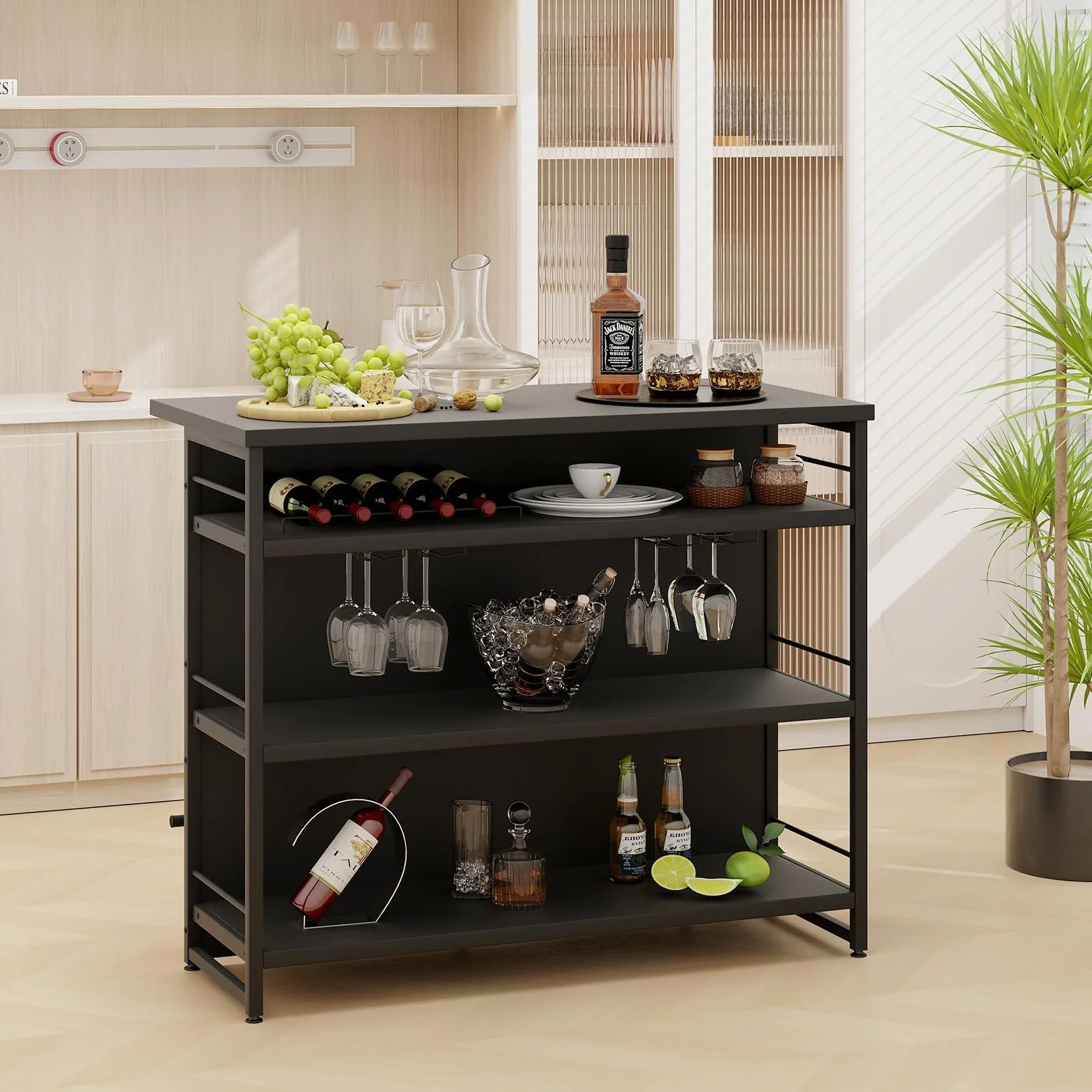 COSTWAY Domowy bar z 4 półkami, regał na wino z uchwytem na kieliszki, 120x60x101 cm, czarny
