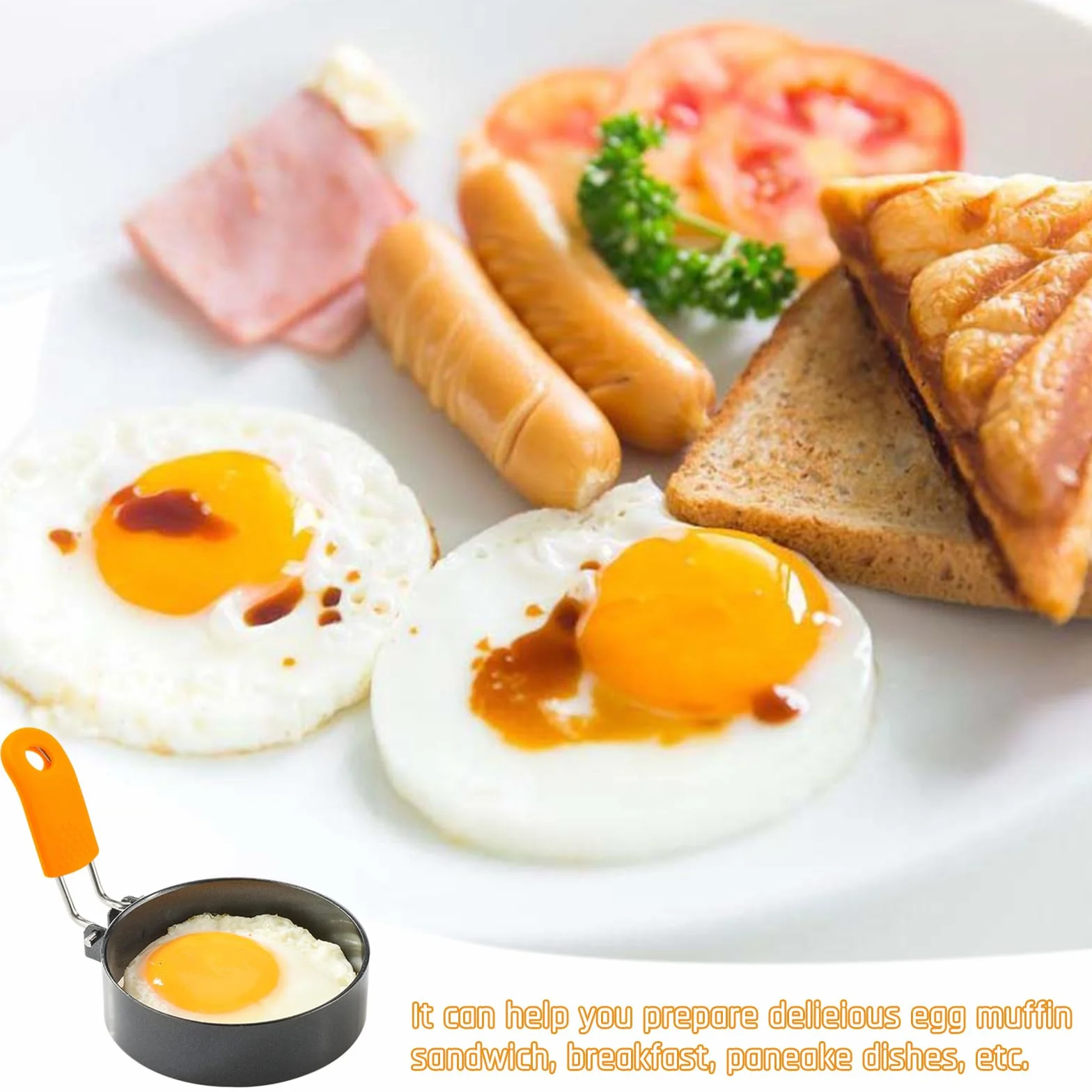 UEPOA Foremki do jajek sadzonych, 2 sztuki, do patelni ze składanymi uchwytami, szczotka do oleju, nieprzywierająca, forma do pancake, jajka sadzone, stal nierdzewna, do jajek sadzonych, kanapek,