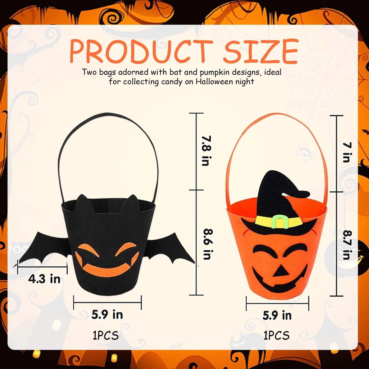 Zestaw wiader na Halloween, 2 filcowe kosze na słodycze z motywem dyni i nietoperza, kosz na Halloween dla dzieci, miska na słodycze do kolekcjonowania i dekorowania