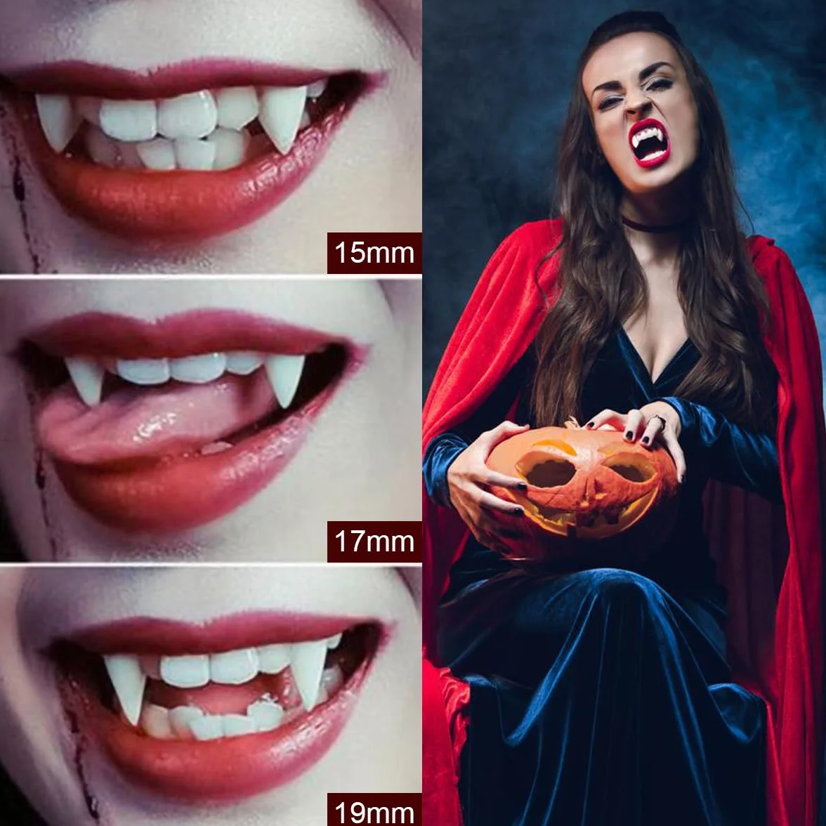 6 par zębów wampirów, 3 rozmiary akcesoriów wampirów z rurką do gryzienia, zęby wampira dla dzieci, odpowiednie na odgrywanie ról, imprezy halloweenowe (15,17,19 mm)