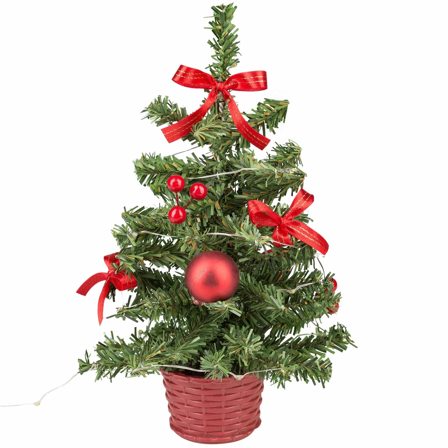 Idena 31486 Dekoracyjna choinka z 20 diodami LED ciepła biel ok. 25 cm wysokości z czerwonym drzewem w doniczce i połączeniem USB Dekoracja wnętrz jako dekoracja zimowa, adwentowa i świąteczna
