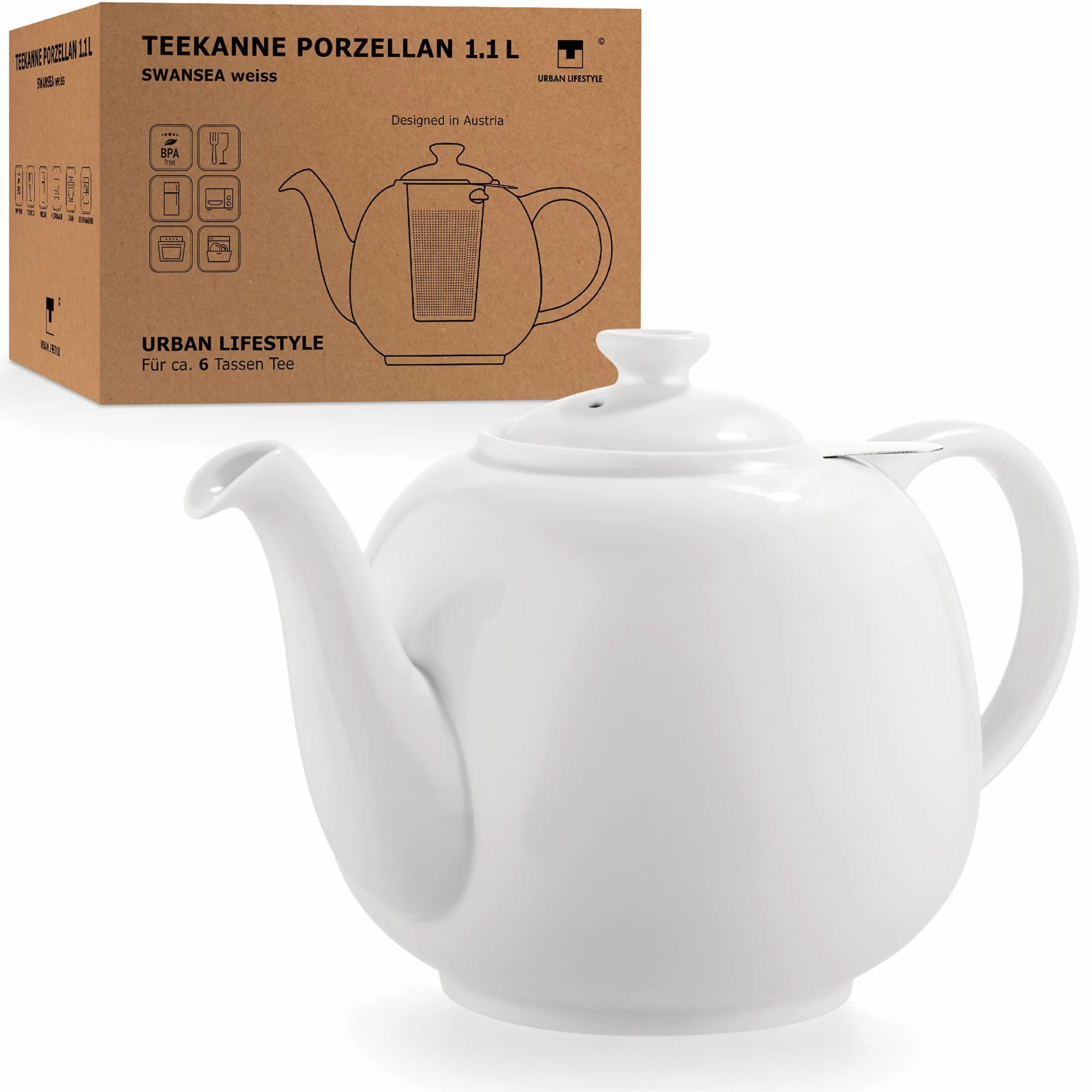 Dzbanek do Herbaty z Zaparzaczem 1,1 L Porcelany z Filtrem Stal Nierdzewna 800 ml Biały SWANSEA