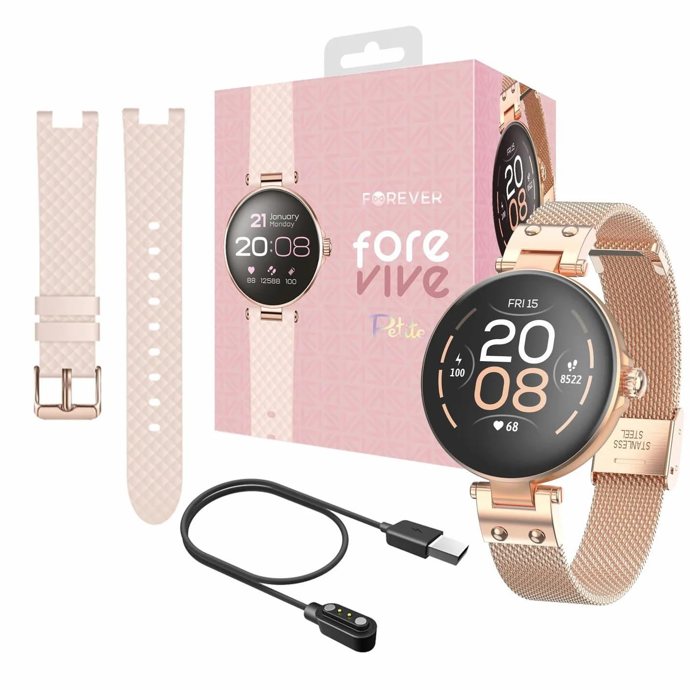 Forever Damski smartwatch ForeVive Petite SB-305 różowy, zegarek na rękę Bluetooth, sterowanie muzyką, krokomierz, pulsometr, wodoodporny IP68, elegancki zegarek fitness