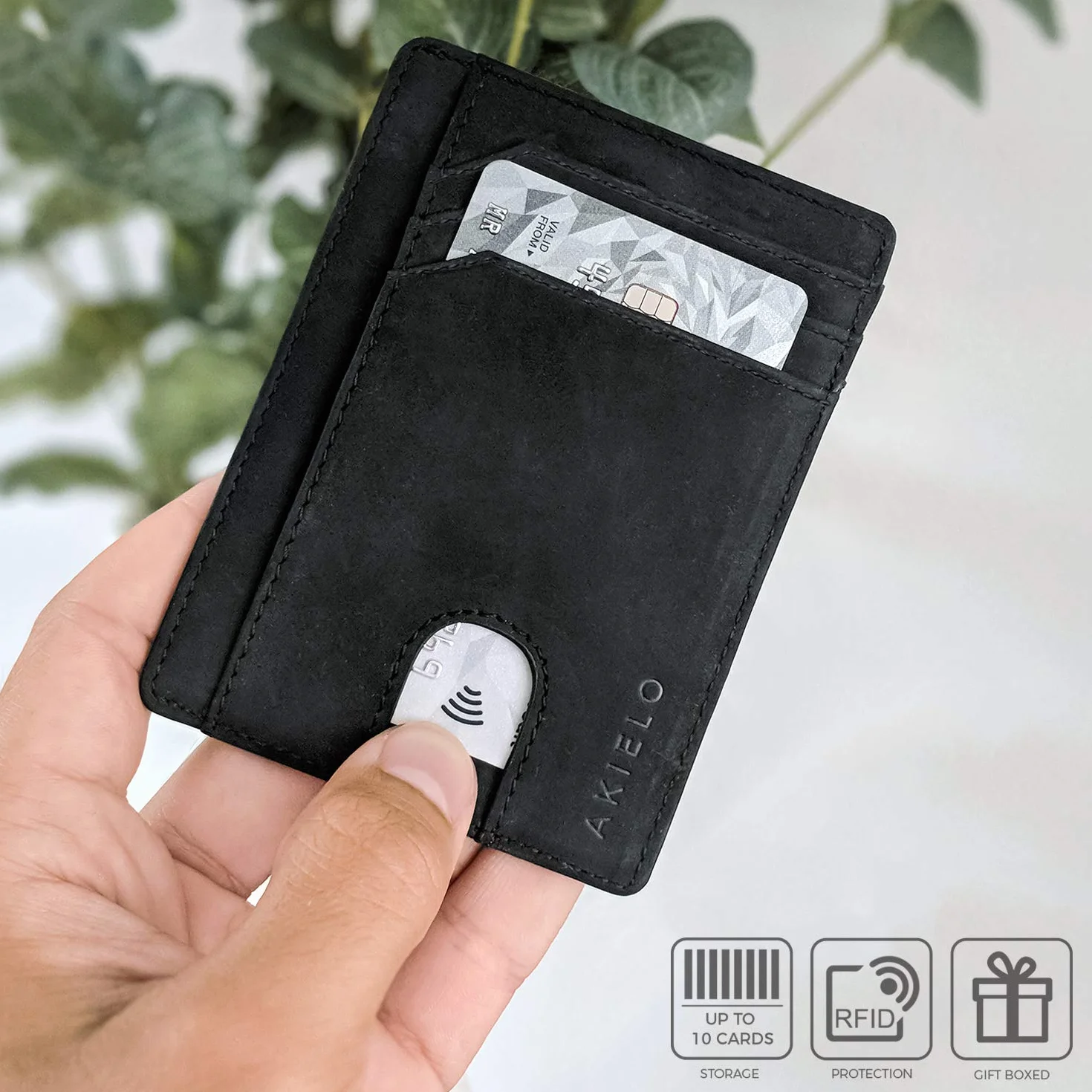 AKIELO portfel – blokujący RFID uchwyt na karty – minimalistyczny męski portfel na karty kredytowe (BRAVO - Czarna Edycja)