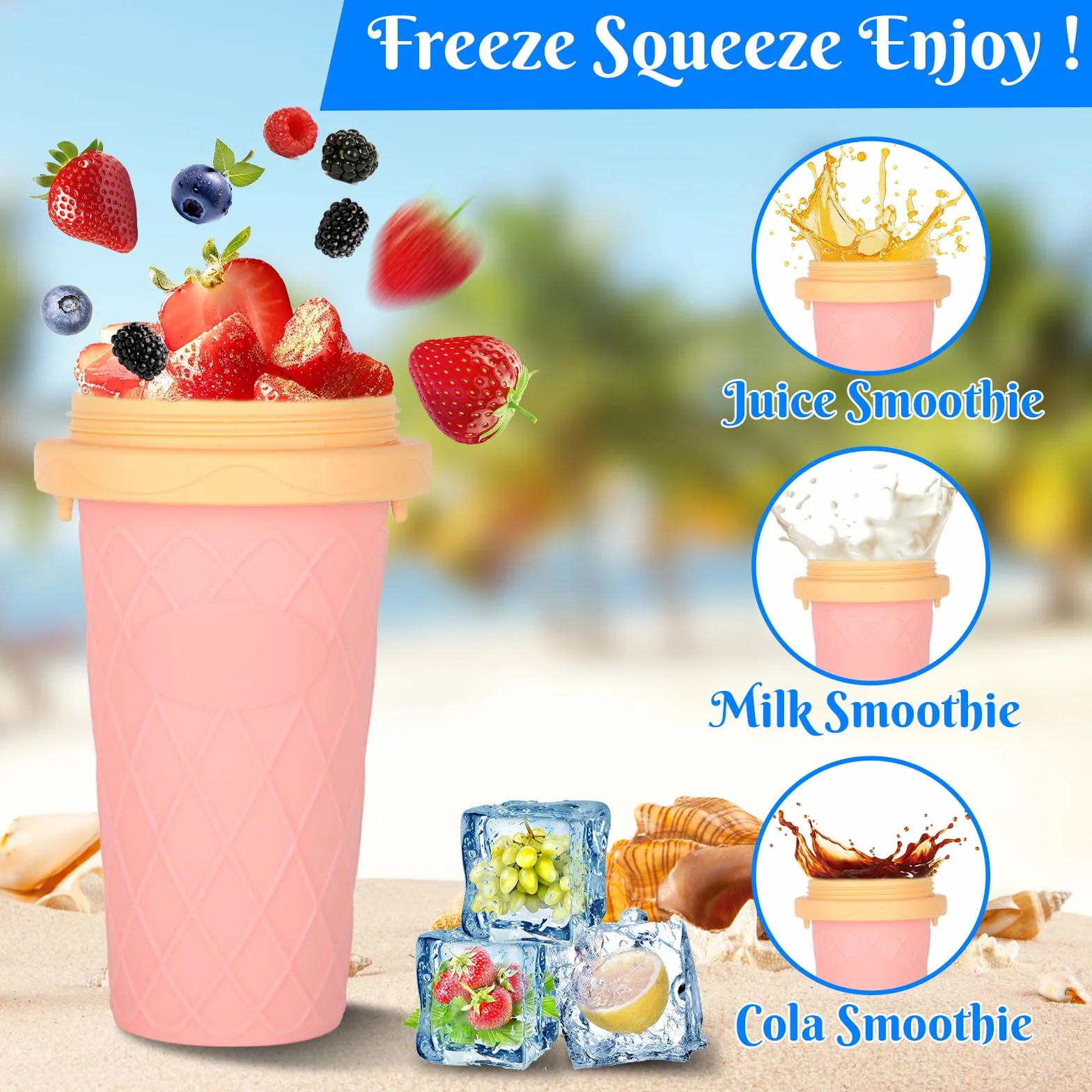 Silikonowy kubek do slushy typu zrób to sam ze słomką i łyżeczką 2 w 1, różowy