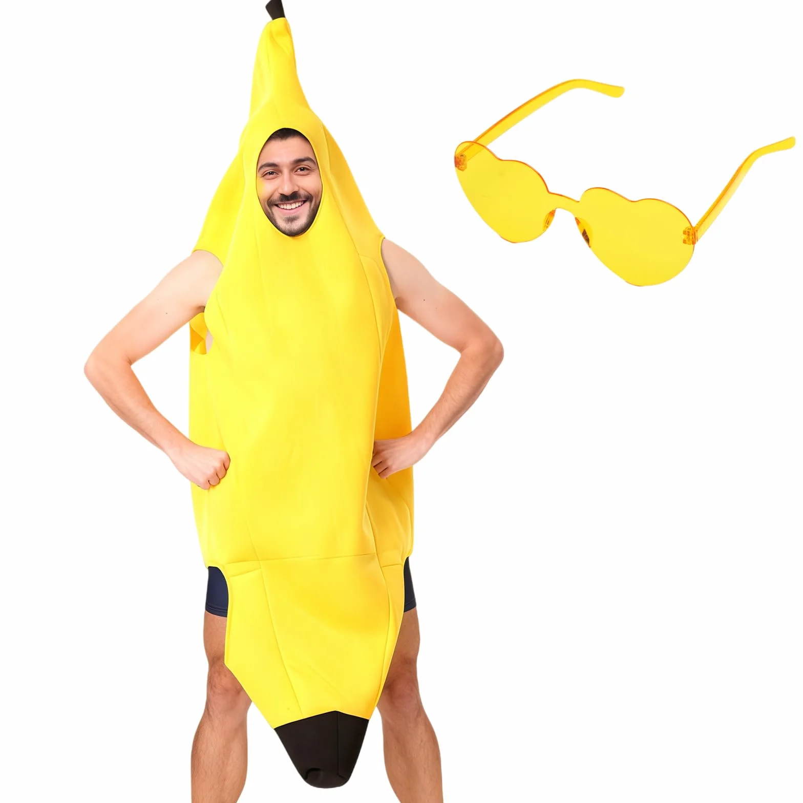 Zabawny kostium bananowy dla dorosłych, uniseks, z żółtymi okularami, na karnawał, Halloween, cosplay, zabawny kostium dla mężczyzn i kobiet, 150-175 cm