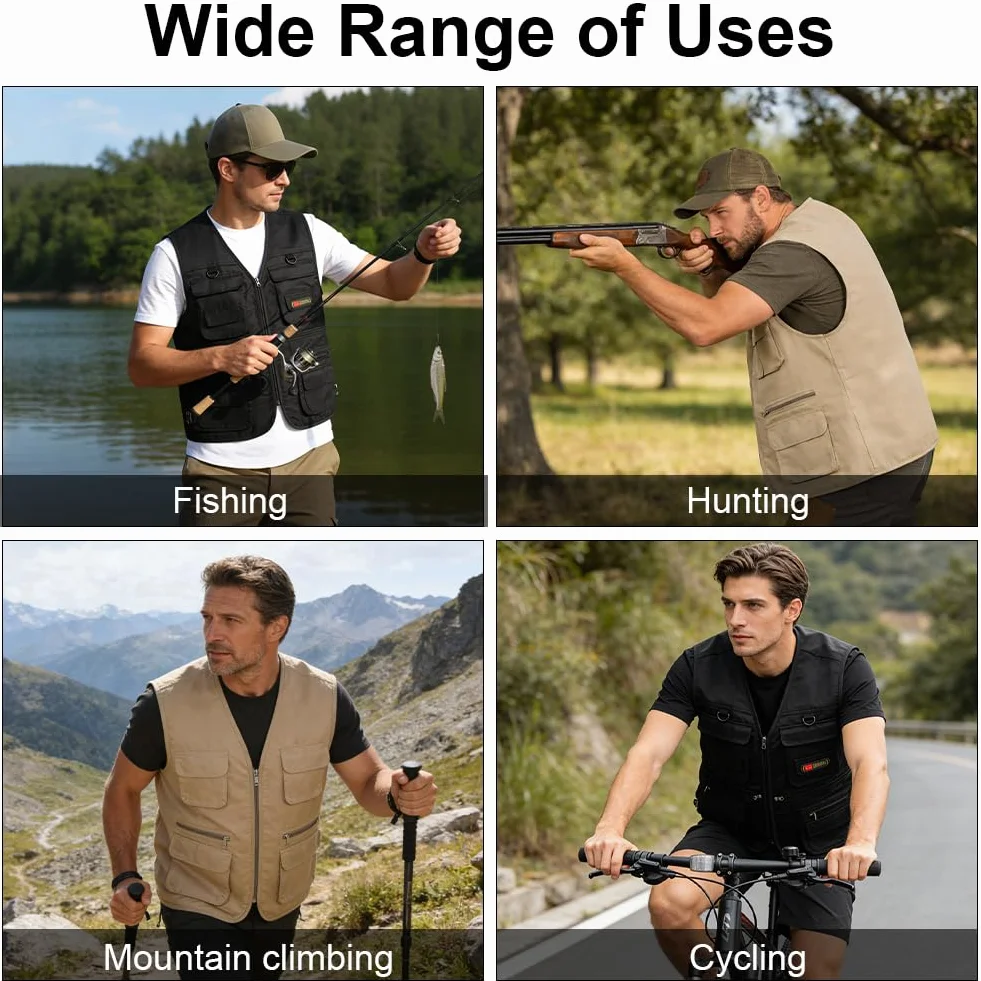 Męska kamizelka safari z wieloma praktycznymi kieszeniami, rozmiar męska kamizelka outdoorowa, letnia kamizelka, funkcjonalna kamizelka robocza do wędkowania, kamizelka outdoorowa, czarna