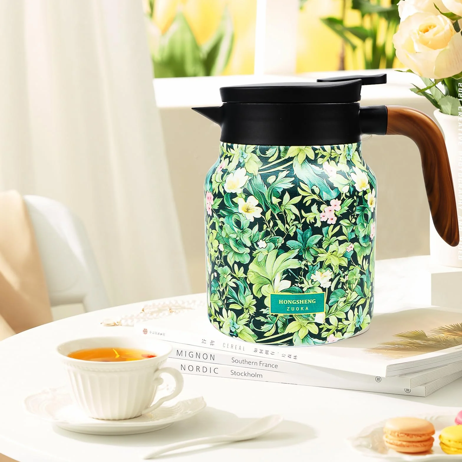 Raidley Termiczny czajniczek z kwiatowym wzorem Vintage, 1000 ml, izolowany czajniczek w stylu vintage, z wbudowanym zaparzaczem do herbaty, karafka termiczna ze stali nierdzewnej z pokrywką do domu