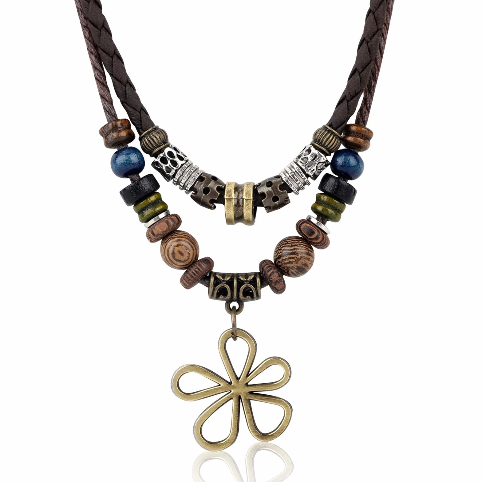 Mikovivi Boho Warstwowy Drewniany Koralik Naszyjnik, Bohemian Hippie Hollow Flower Wisiorek Naszyjnik Vintage Etniczny Styl Tribal Biżuteria Akcesoria dla Kobiet i Mężczyzn