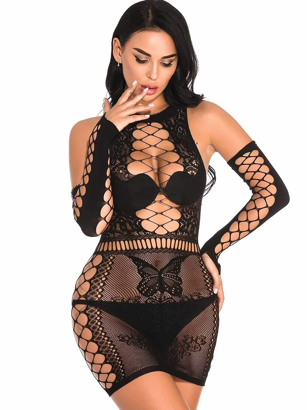 Bommi Fairy Damski seksowny zestaw koronkowy z siateczki, zestaw bielizny z siateczki, babydoll, mini sukienka, bez rozmiaru, bielizna nocna, seksowna bielizna perspektywiczna, bielizna