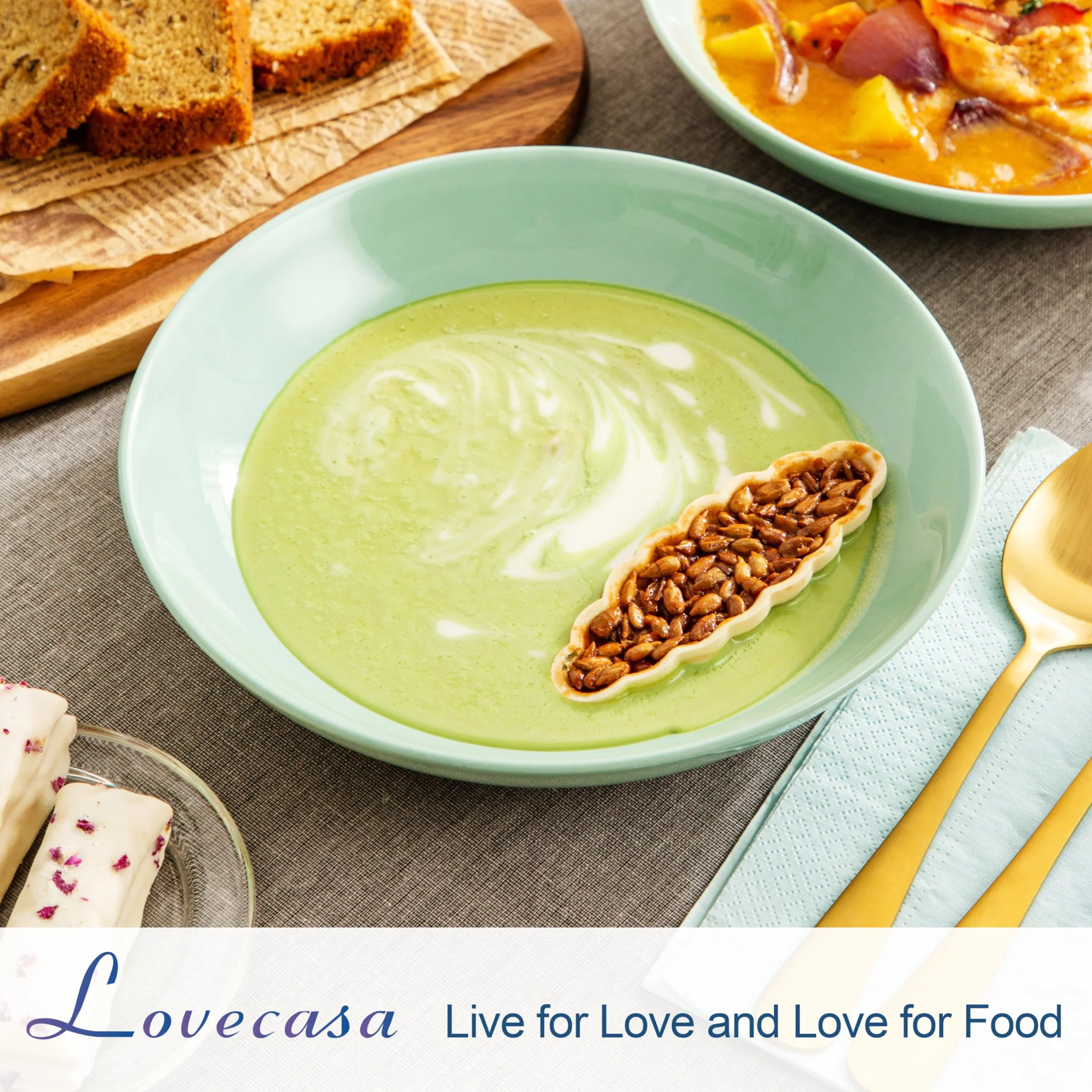 LOVECASA, Seria Sweet, Talerze do Zupy, Porcelana, Głęboki Talerz Obiadowy, Talerz do Zupy, Talerz do Przekąsek, dla 6 Osób, Niebieski Zielony
