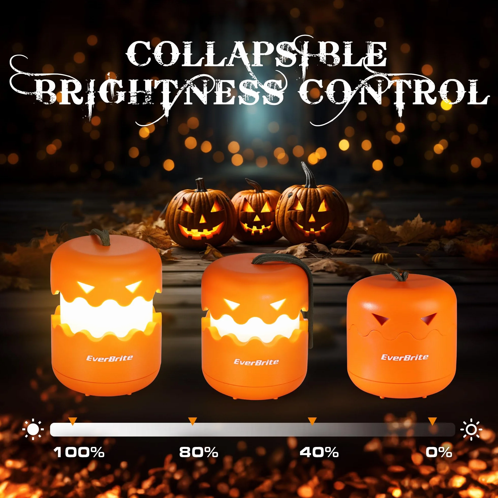 EverBrite Halloween Pumpkin Lantern 3 Pack, Collapsible Jack O Lantern with Lanyard, Battery Included for Party Decoration