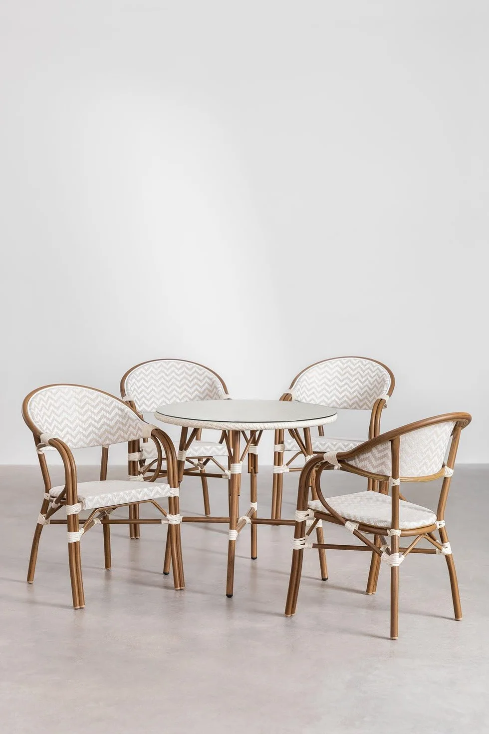 SKLUM Zestaw okrągłego stołu Brielle Bistro 80 cm 4 składane krzesła aluminiowe z podłokietnikami