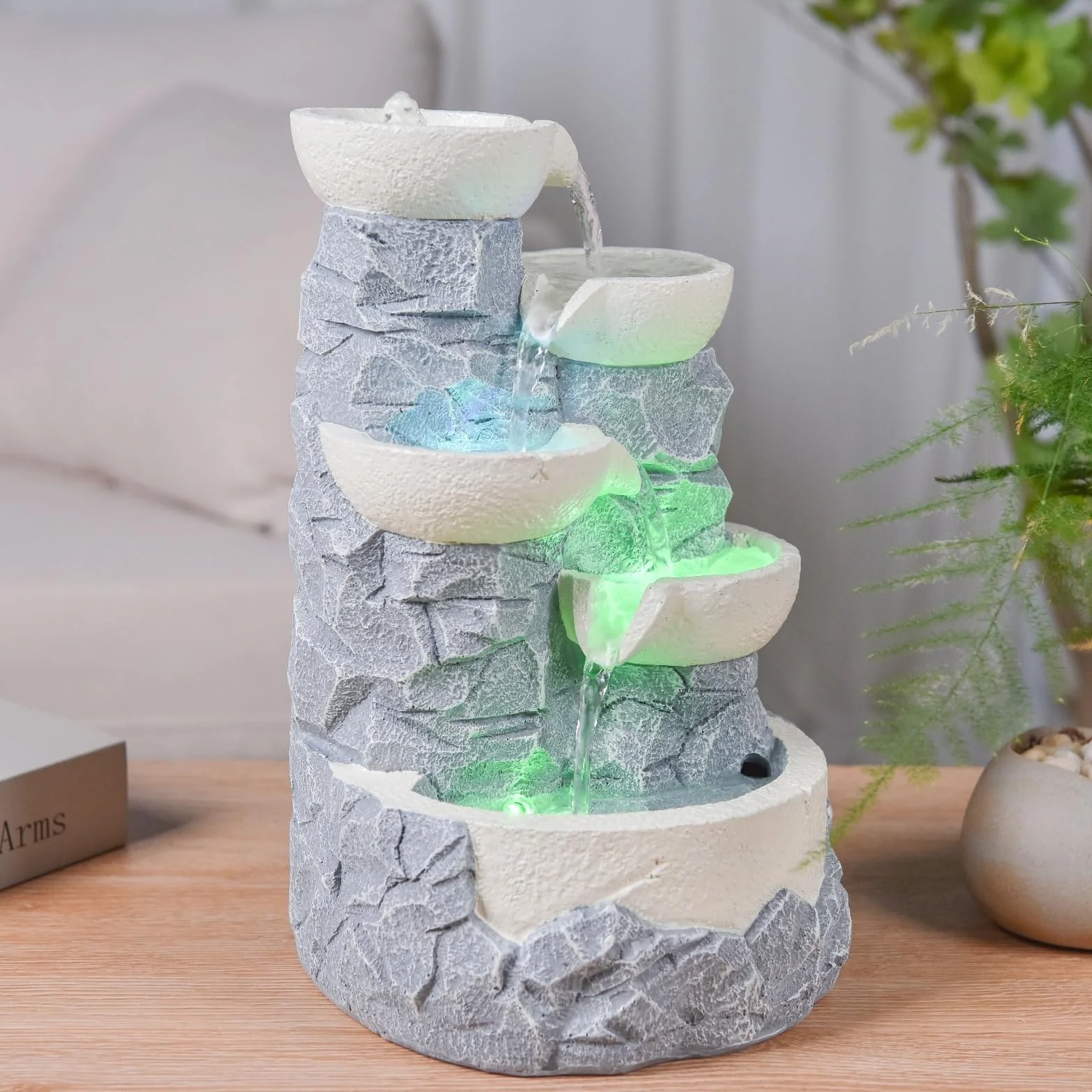 Zen'Light SCFR22-F6 wewnętrzna wodospad 4 poziomy słoik efekt kamienia naturalnego kolorowe diody LED, dekoracja wnętrz Zen i odpoczynek, fontanna stołowa, H 31cm - Ganda Zen'Light, Szary