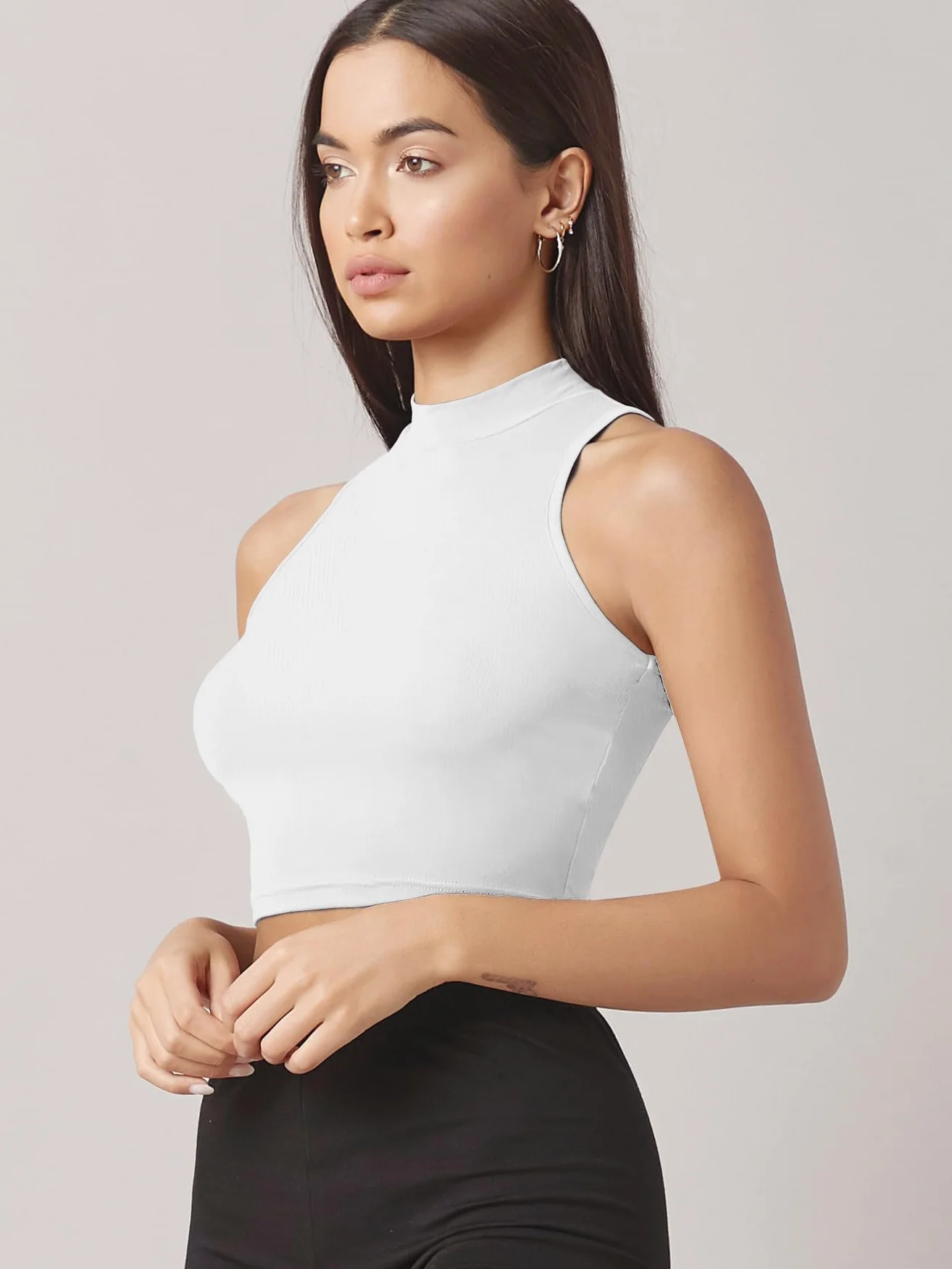 Sugathari Damski dziewczęcy top z wysokim dekoltem, prążkowany, Crop Tank Top (Top 37)