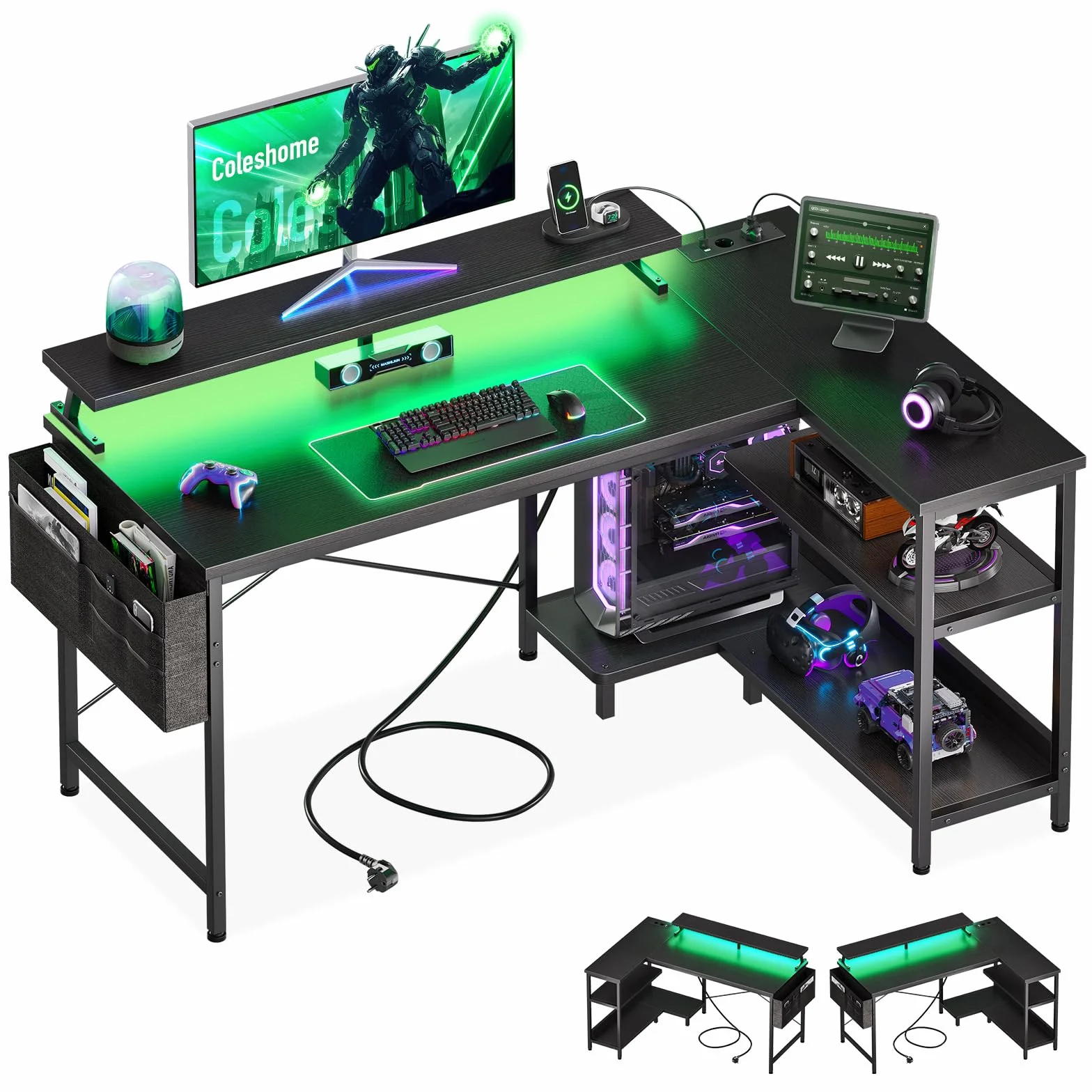 Coleshome Biurko Gamingowe LED 120x80cm Odwracalne Narożne z Półkami Stół Komputerowy Kształt L 2 Porty USB 2 Gniazdka Podstawka pod Monitor Czarny