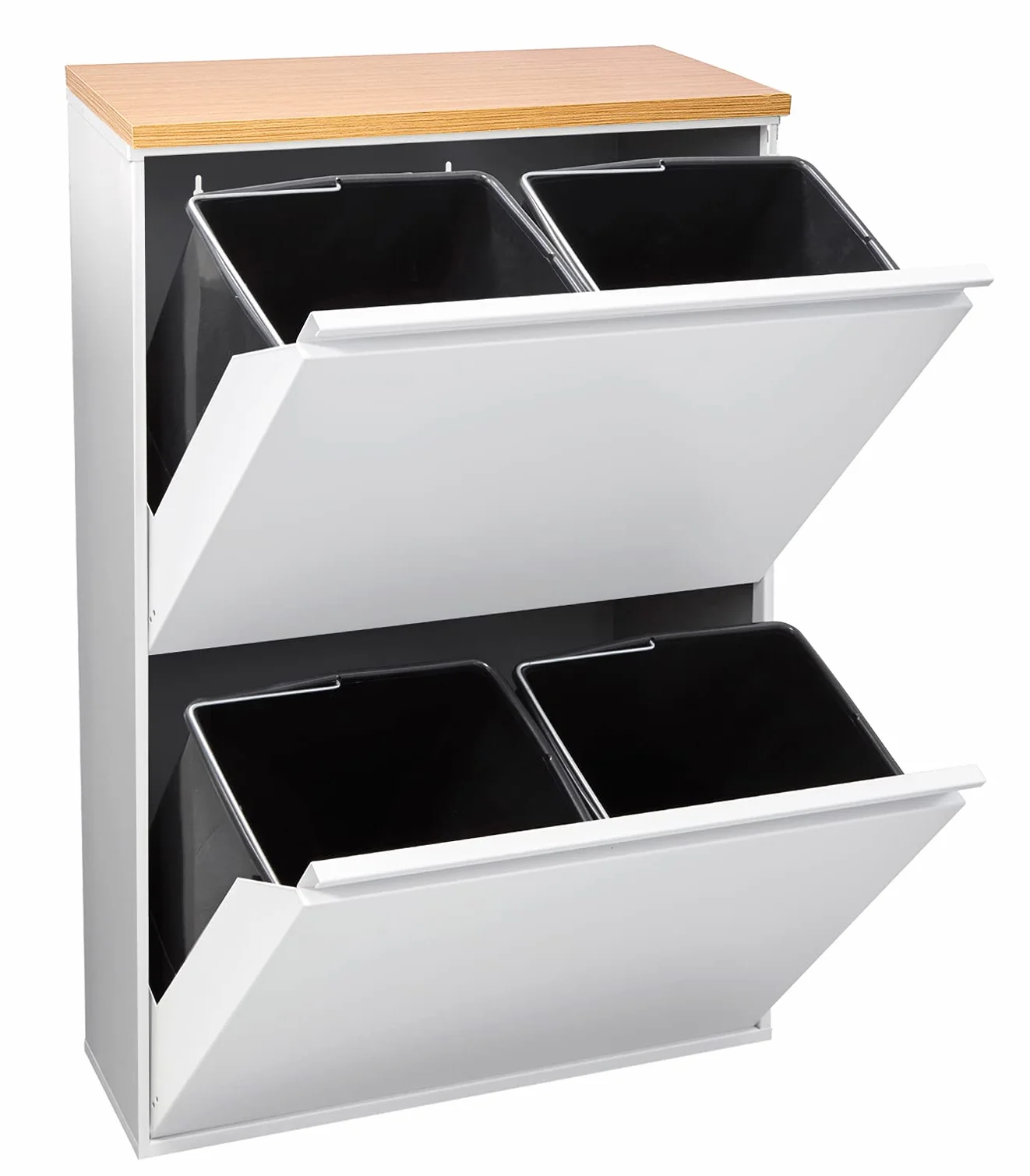 Arregui Basic CR601-B z blatem, wiadro na śmieci i recykling ze stali 4 wiadra, szafka do recyklingu z blatem, 4 x 17L (68L) (biały z blatem dębowym)