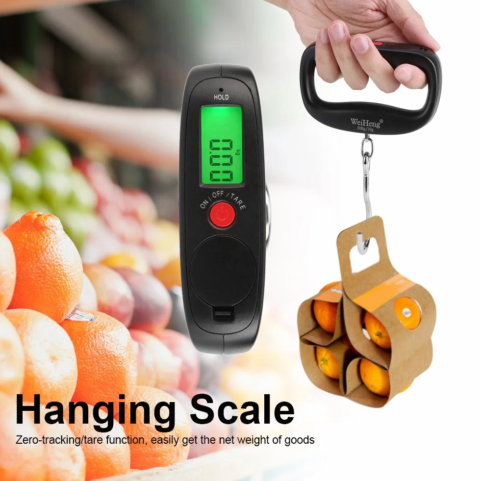 WEIHENG 50kg / 10g Cyfrowa Wisząca Waga Hakowa Wyświetlacz LCD Funkcja Tary Hak Wisząca Przenośna Elektroniczna Waga Bagażowa Waga Pocztowa Bez Baterii