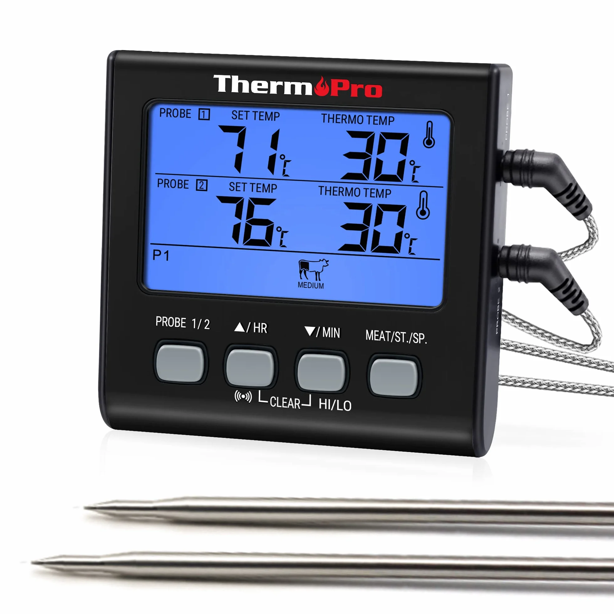ThermoPro TP17B cyfrowy termometr do mięsa z podwójnymi sondami temperatury i dużym podświetleniem LCD
