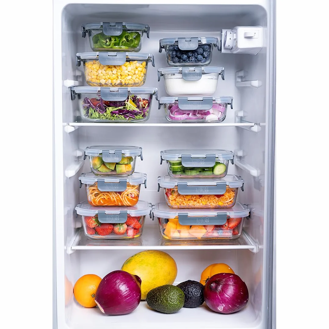 Igluu Meal Prep – Szklane pojemniki na żywność z pokrywkami (12 szt. – 4 prostokątne, 4 kwadratowe, 4 okrągłe) – Hermetyczne, Bez BPA – Do piekarnika, mikrofalówki, zamrażarki i zmywarki