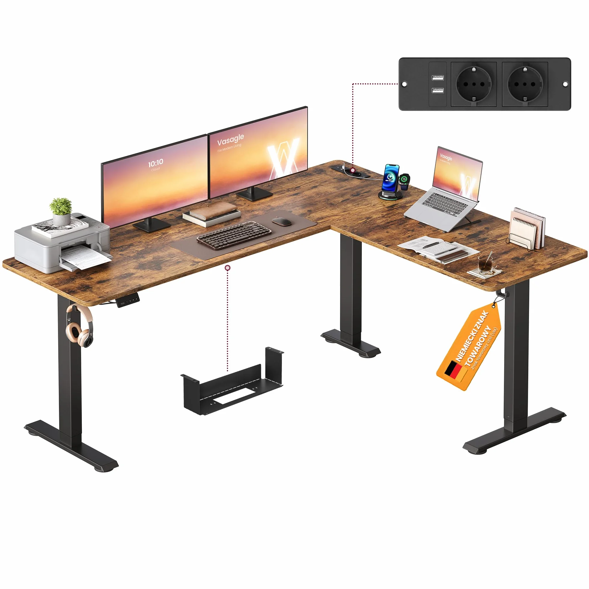 VASAGLE Biurko narożne z regulacją wysokości 190x155 cm 2 gniazda AC 2 porty USB-A rustykalny brązowy
