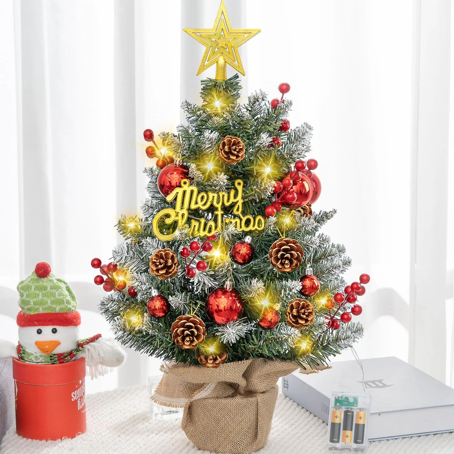 Sztuczna Choinka LED 55 cm Mini Choinka Świąteczna na Stół z Zawieszkami