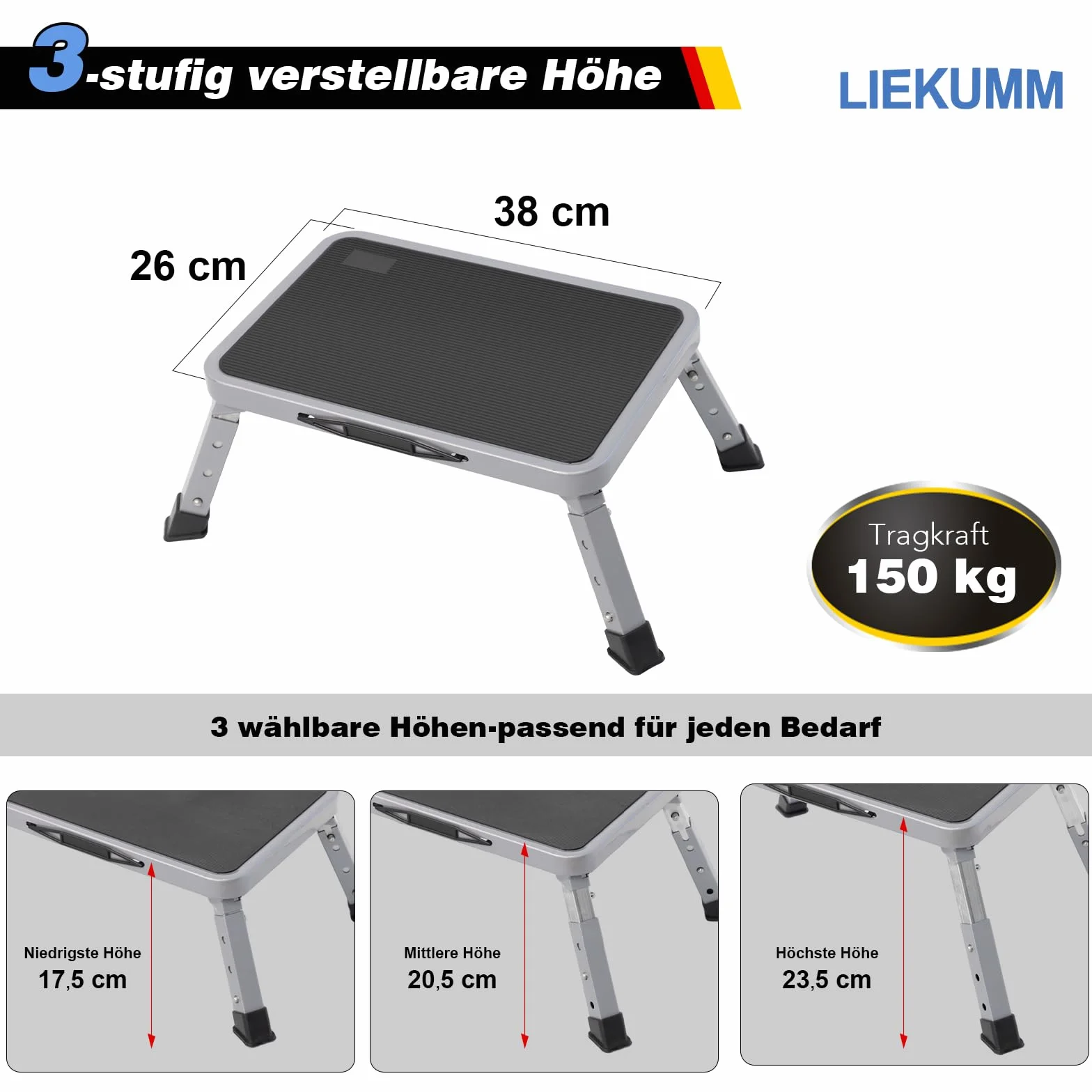 LIEKUMM Składany Taboret 3-Stopniowy 150 kg z Regulacją Wysokości Stal Szary