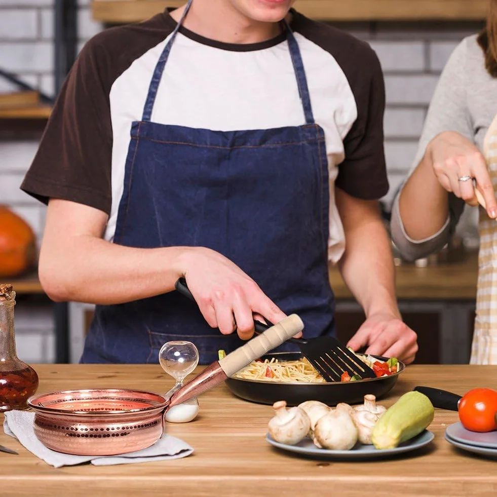 Miedziany garnek z uchwytem drewnianym, odporny na oparzenia, wielofunkcyjny, z odwróconym ustem