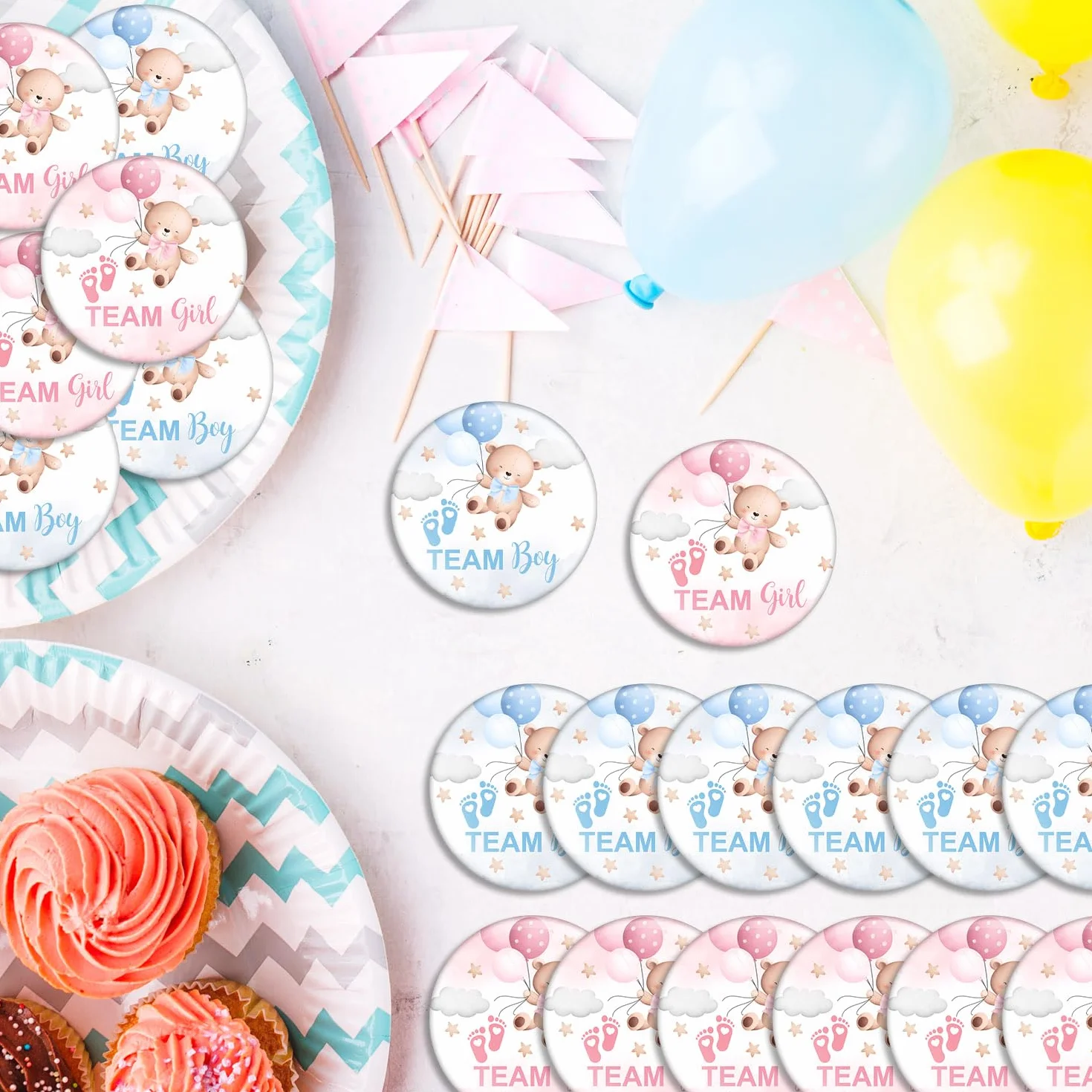Przyciski ujawniające płeć na baby shower, przypinki drużynowe do ujawnienia płci, przypinki do gier dla gości, przypinki na imprezę dla dzieci, przypinki do gier imprezowych, 30 szt. 30 szt. 3,5 cala