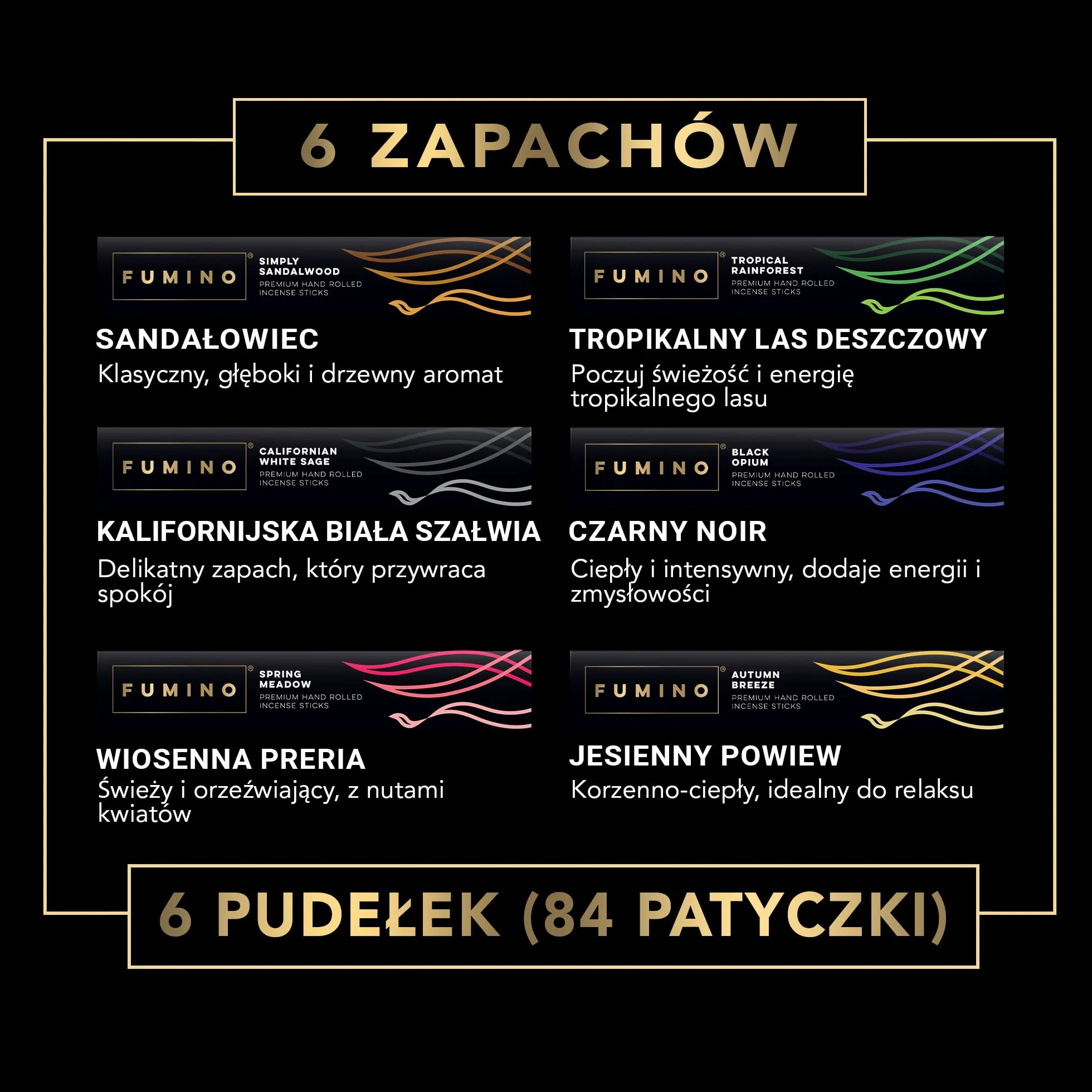 Kadzidełka w sztyfcie Fumino Fresh Masala Agarbatti zestaw 6 opakowań 84 sztuki 90 g do relaksu medytacji