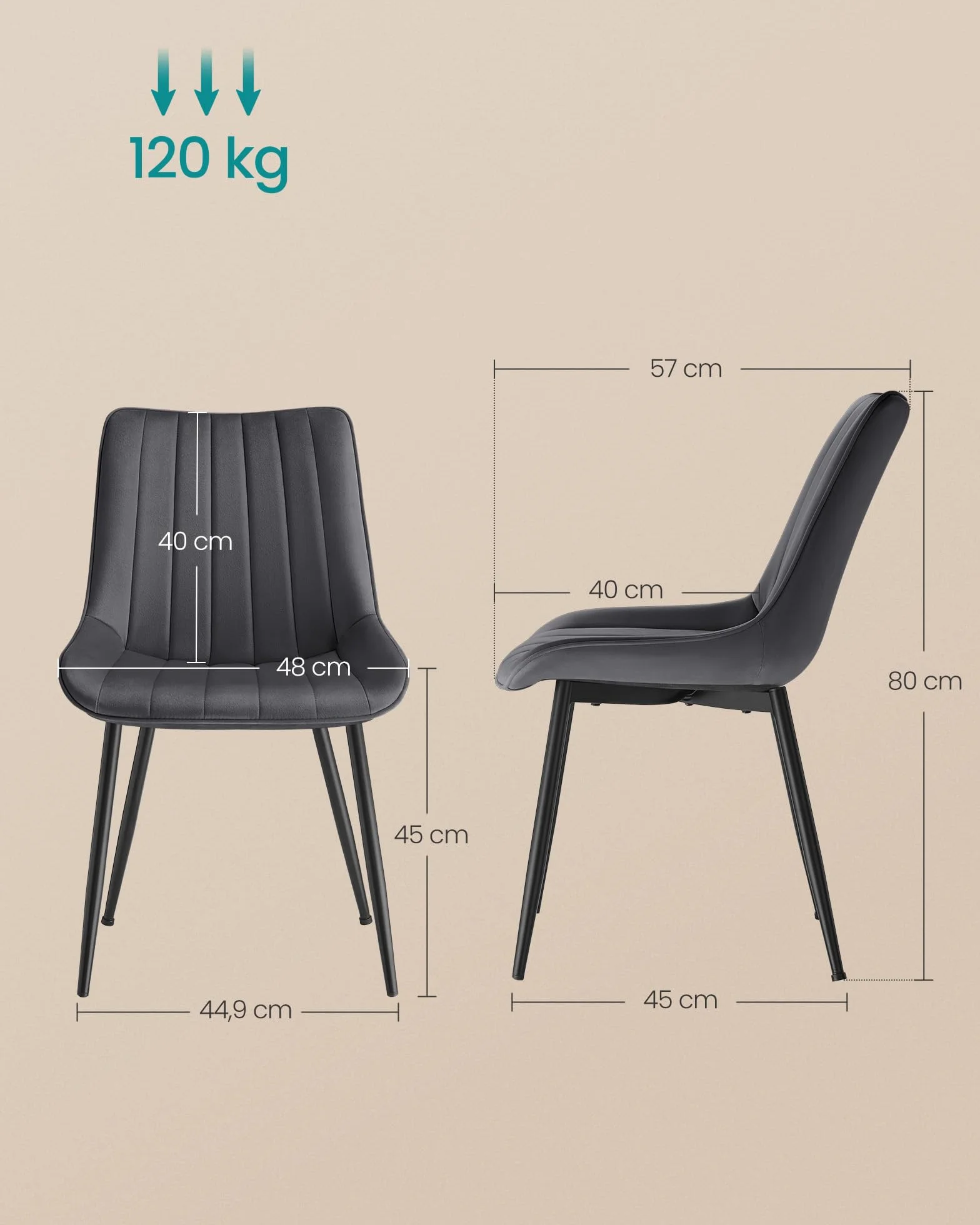 SONGMICS Zestaw 2 Krzeseł do Jadalni, Krzesło Kuchenne, Aksamit, Krzesło Tapicerowane, Nośność do 120 kg, Nogi Stalowe, Zakrzywione Oparcie, Szary Czarny LDC090G05