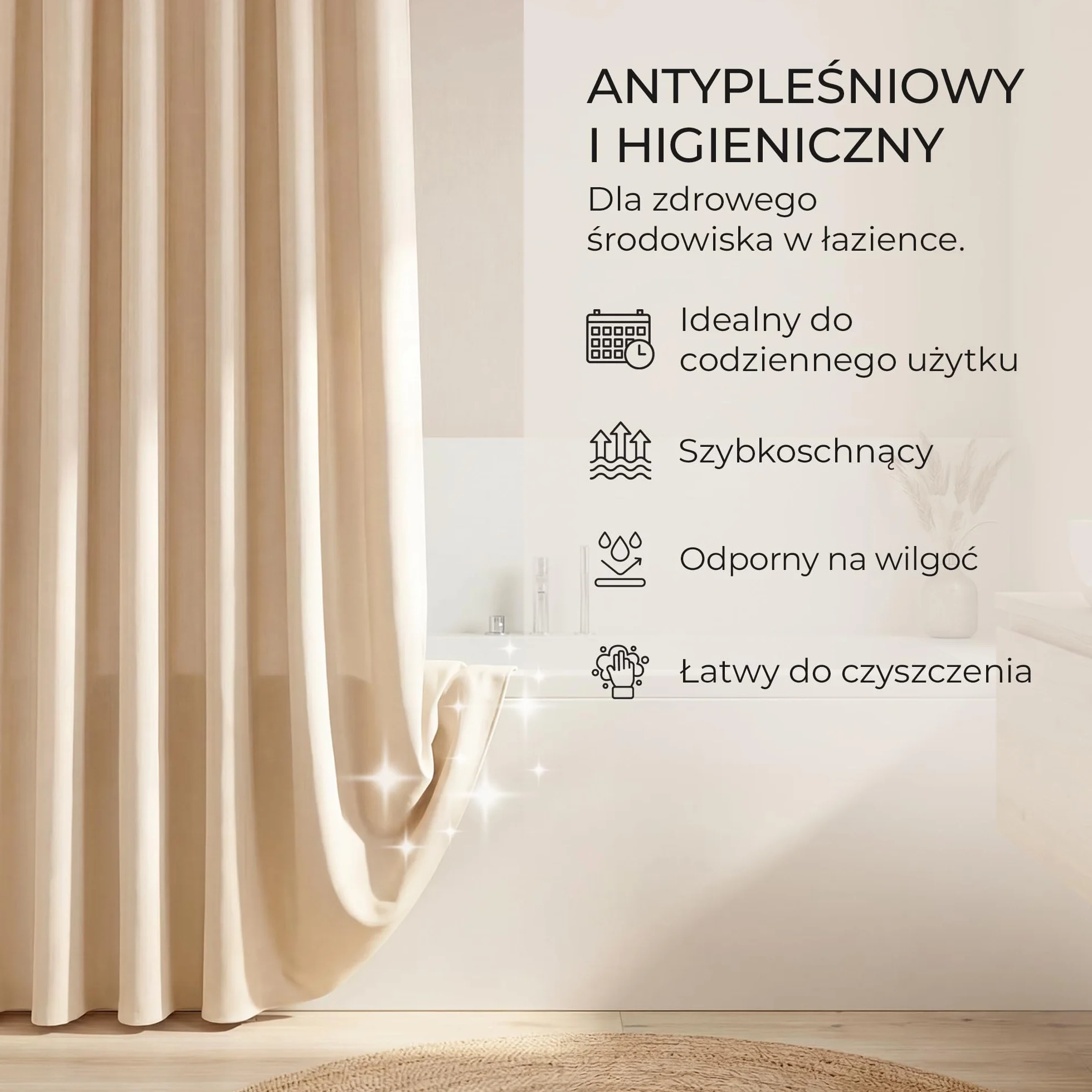 Zasłona Prysznicowa 180x180 cm Beżowa Wodoodporna Odporna na Pleśń z 12 Oczkami i Obciążnikiem NESTN