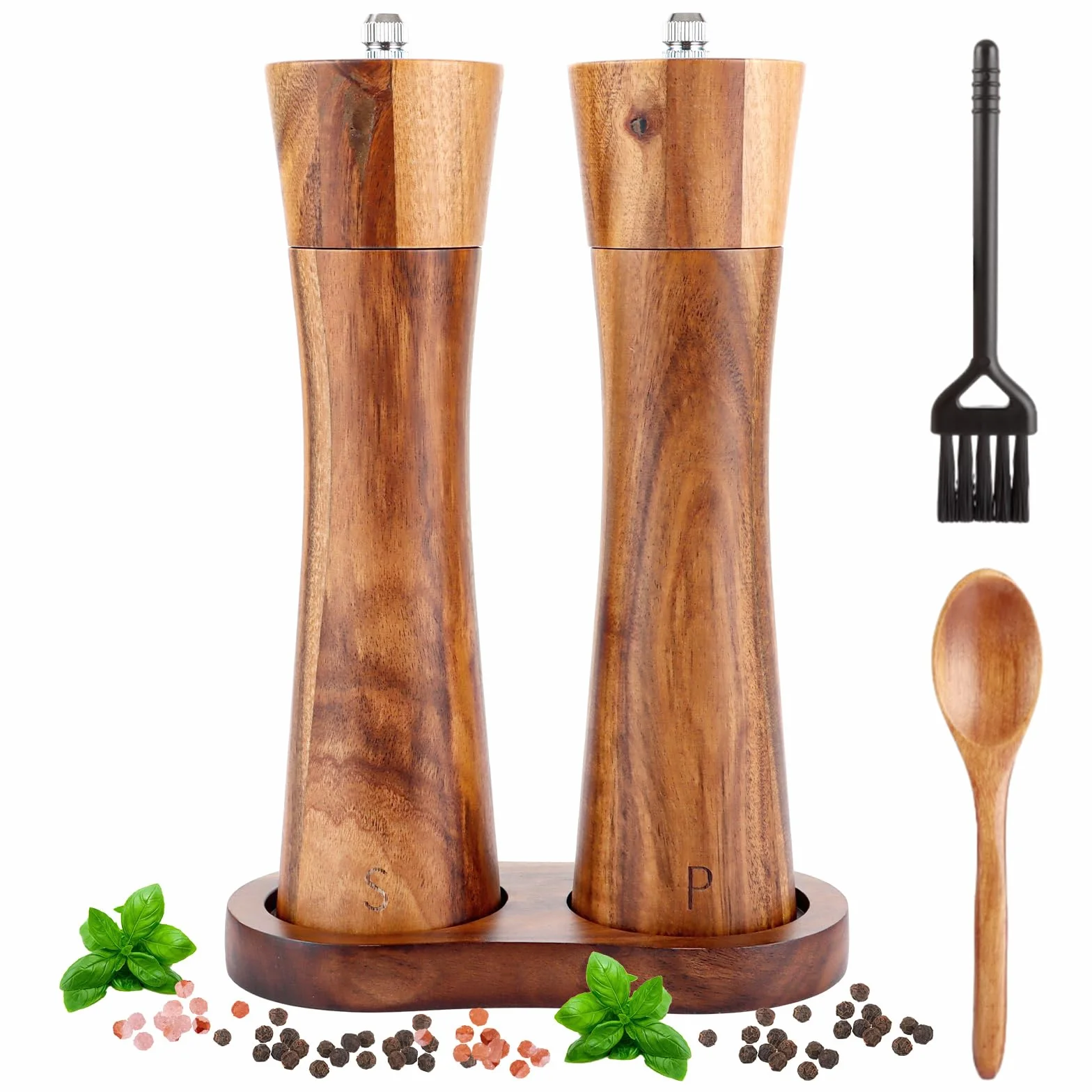 zestaw młynków do soli i pieprzu, drewniany, 21 cm, duży młynek do pieprzu z ceramicznym mechanizmem mielącym, młynek do soli i pieprzu, zestaw młynków do przypraw w eleganckim pudełku