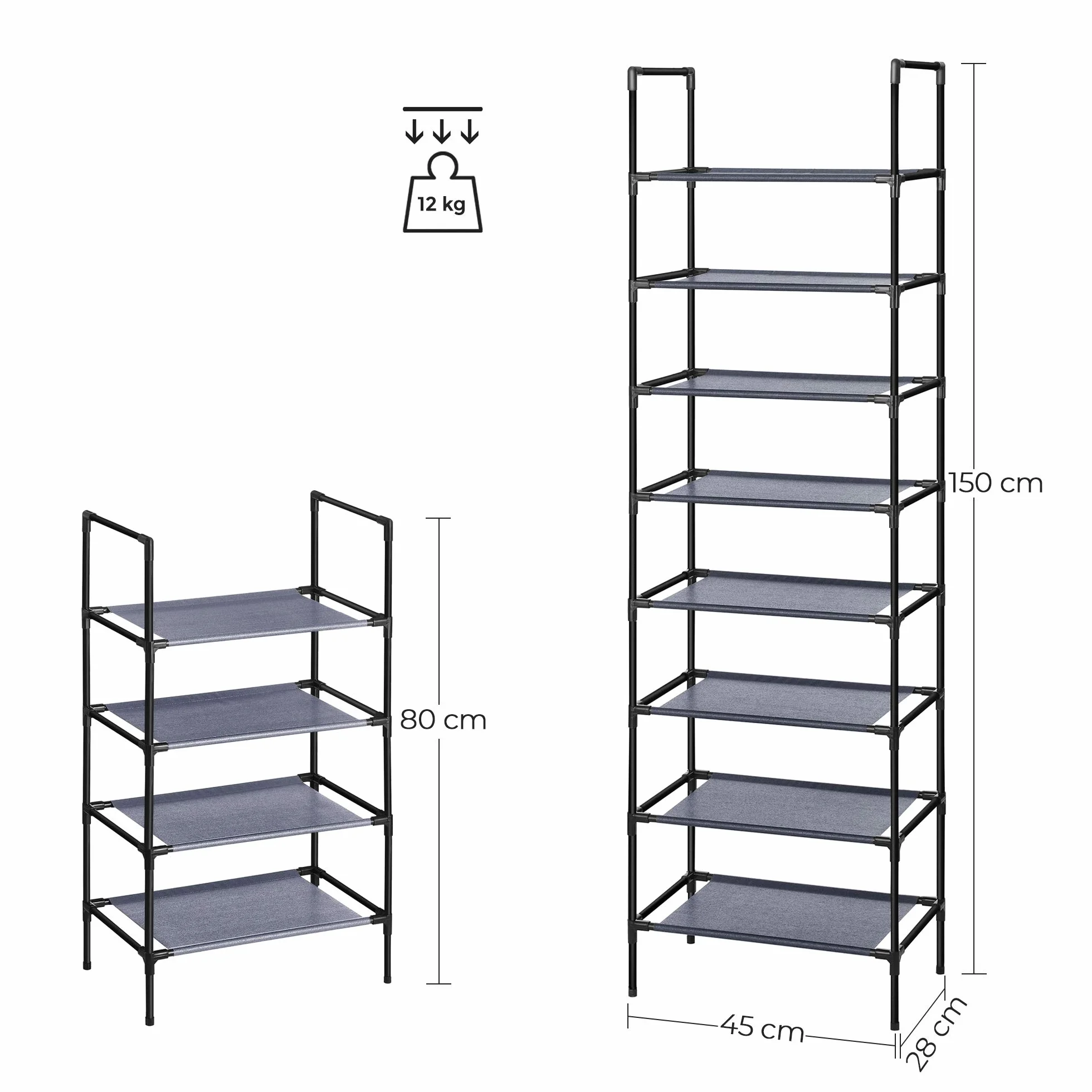 SONGMICS regał na buty z 4 półkami zestaw 2-częściowy metalowy stelaż 45 x 28 x 80 cm szary