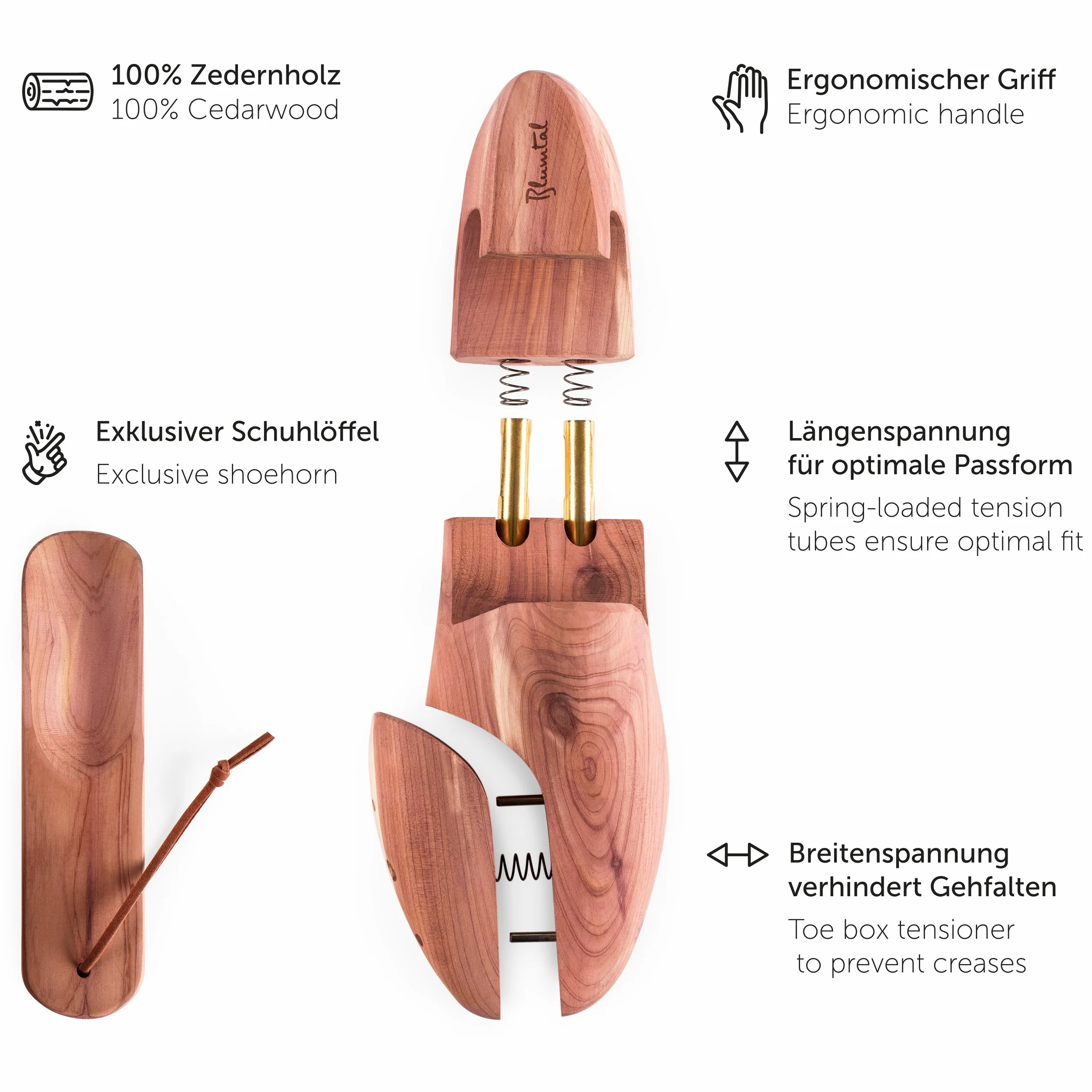 Blumtal - ZWYCIĘZCA TESTU - Premiumowy Rozszerzacz do Butów z Cedru dla Pań i Panów, w zestawie z Łyżką do Butów, Rozciągacz do Butów o Ergonomicznym Designie - 1, 2 lub 5 par