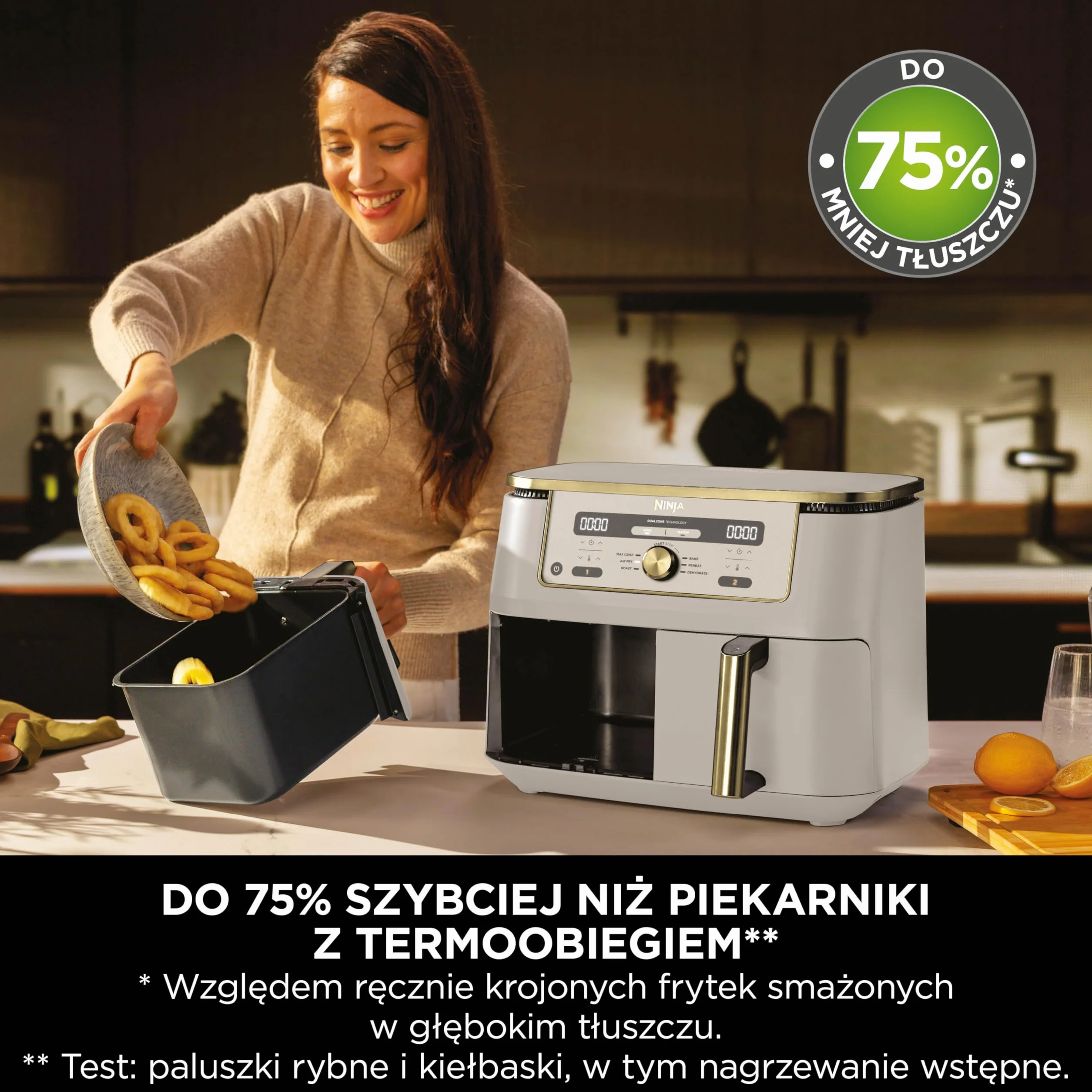 Ninja MAX Dwustrefowa frytkownica, 2 szuflady, 9,5 l, zero oleju, Air Fry, Max Crisp, Roast, Bake, Reheat, Dehydrate, nieprzywierające kosze do mycia w zmywarce, Złoty odcień kamienia, DZ400EUSTGD