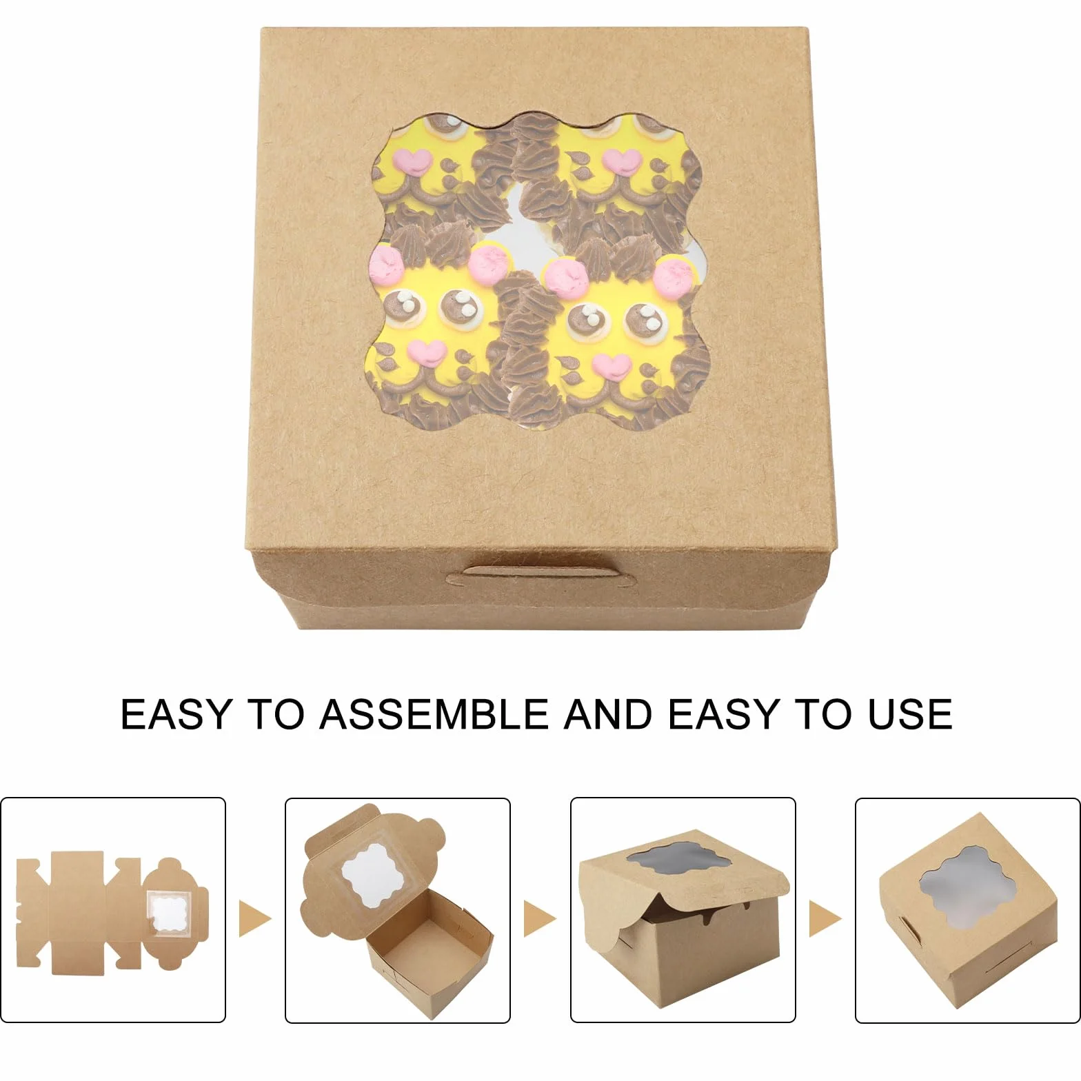 HENGBIRD 25 sztuk Brązowe pudełko papierowe Kraft z przezroczystym okienkiem 10,16 x 10,16 x 6,35 cm
