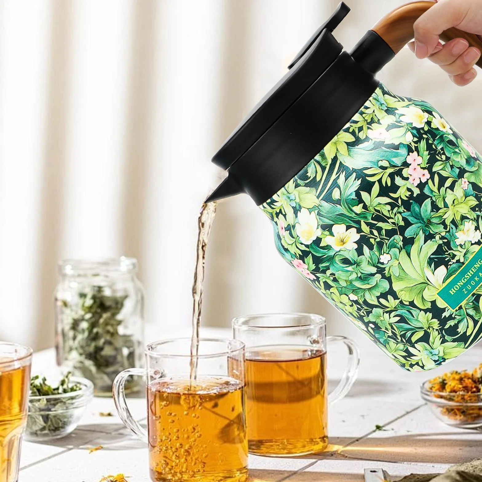 Raidley Termiczny czajniczek z kwiatowym wzorem Vintage, 1000 ml, izolowany czajniczek w stylu vintage, z wbudowanym zaparzaczem do herbaty, karafka termiczna ze stali nierdzewnej z pokrywką do domu