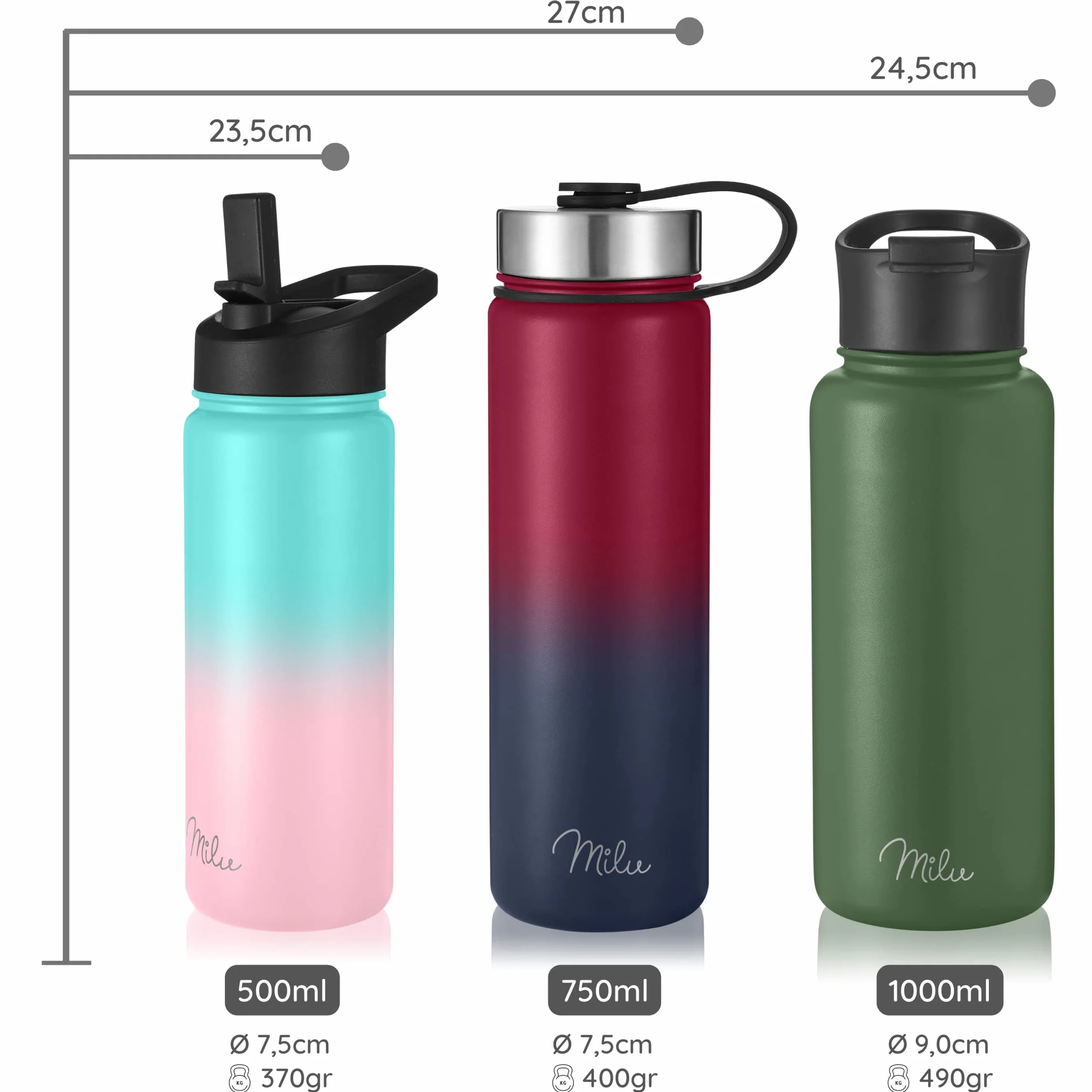 Milu Butelka termiczna ze stali nierdzewnej 500 ml 750 ml 1000 ml izolowana podwójne ścianki