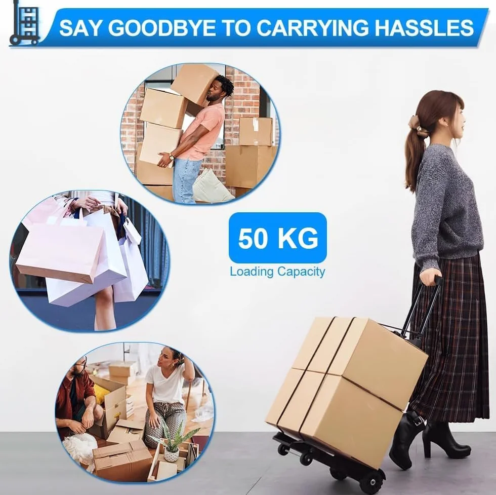 Składany wózek transportowy, składany wózek ręczny z kółkami, mini wózek transportowy, teleskopowy uchwyt do domu, biura, na zakupy, podróż, pojemność 50 kg