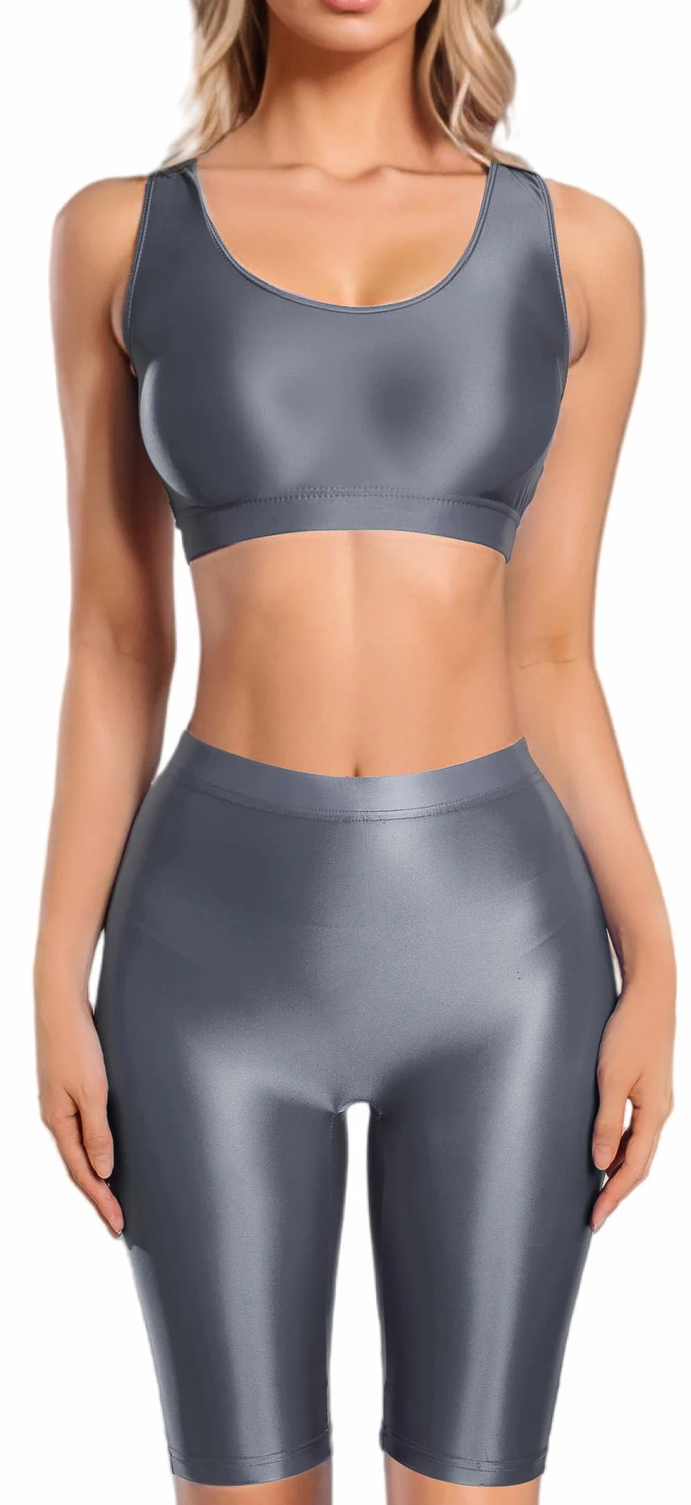 Maeau Zestaw bielizny damskiej, seksowny błyszczący tanktop z odkrytym brzuchem, przezroczyste krótkie spodenki EU S-L (Azja M-XL)