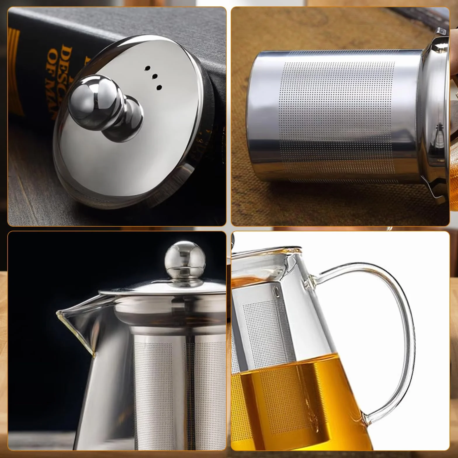 Dzbanek do herbaty 1300 ml, szklany z sitkiem i podgrzewaczem, podgrzewacz ze stali nierdzewnej, szkło borokrzemowe, zaparzacz do herbaty, dzbanek do herbaty sypkiej, herbaty owocowej