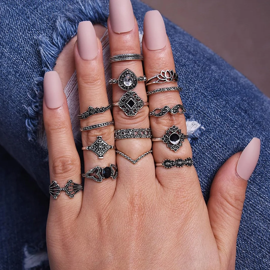 Zestaw 15 srebrnych pierścionków punkowych w stylu vintage, dla mężczyzn i kobiet, otwarte pierścienie emo, zestaw gotyckich pierścionków, styl boho, Y2K