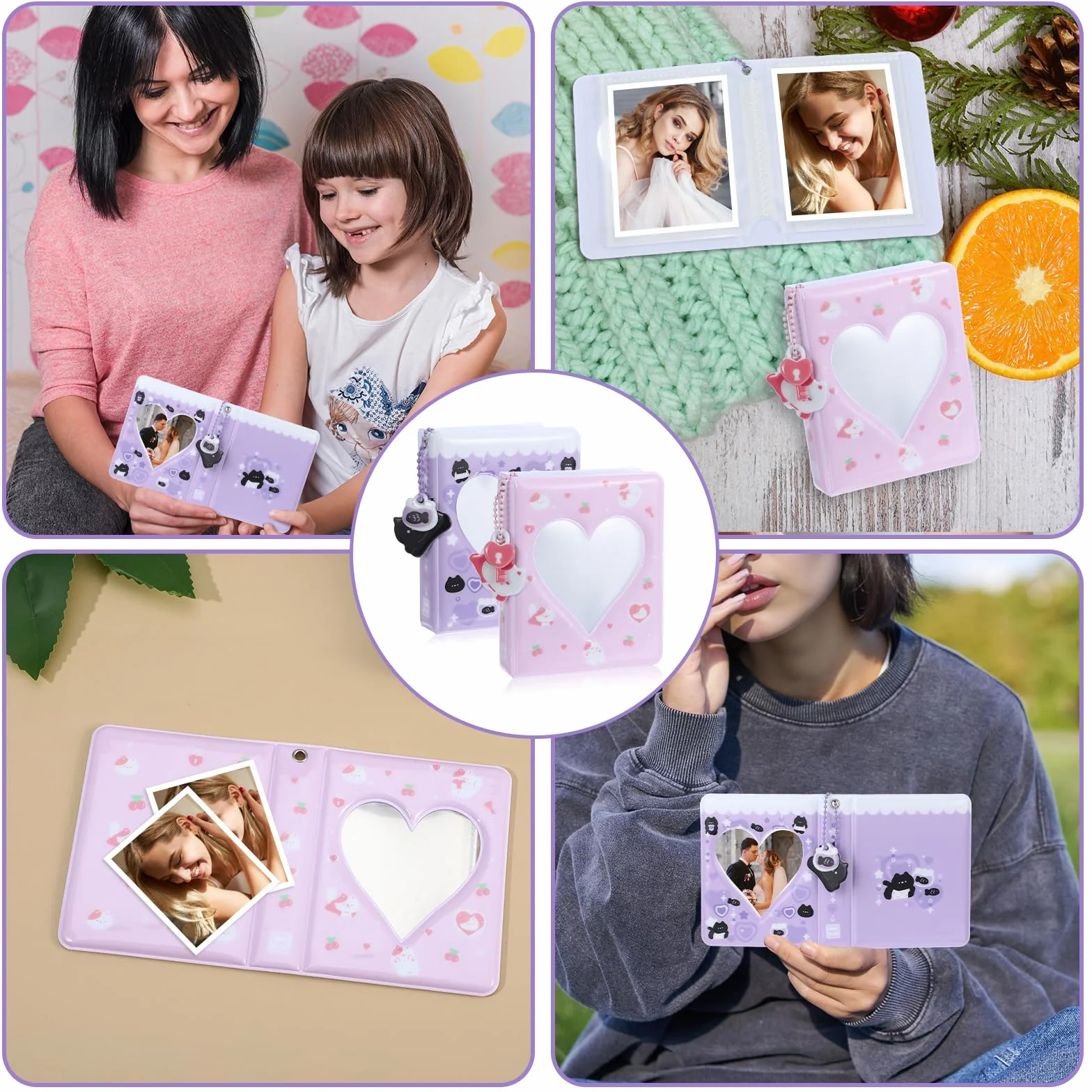 2 szt segregator na fotokarty Kpop z wisiorkiem 36 kieszeni, 3,4 cala mini album na zdjęcia Love Heart ażurowy uchwyt na karty fotograficzne z 5 uroczymi dekoracjami do standardowych fotokartek