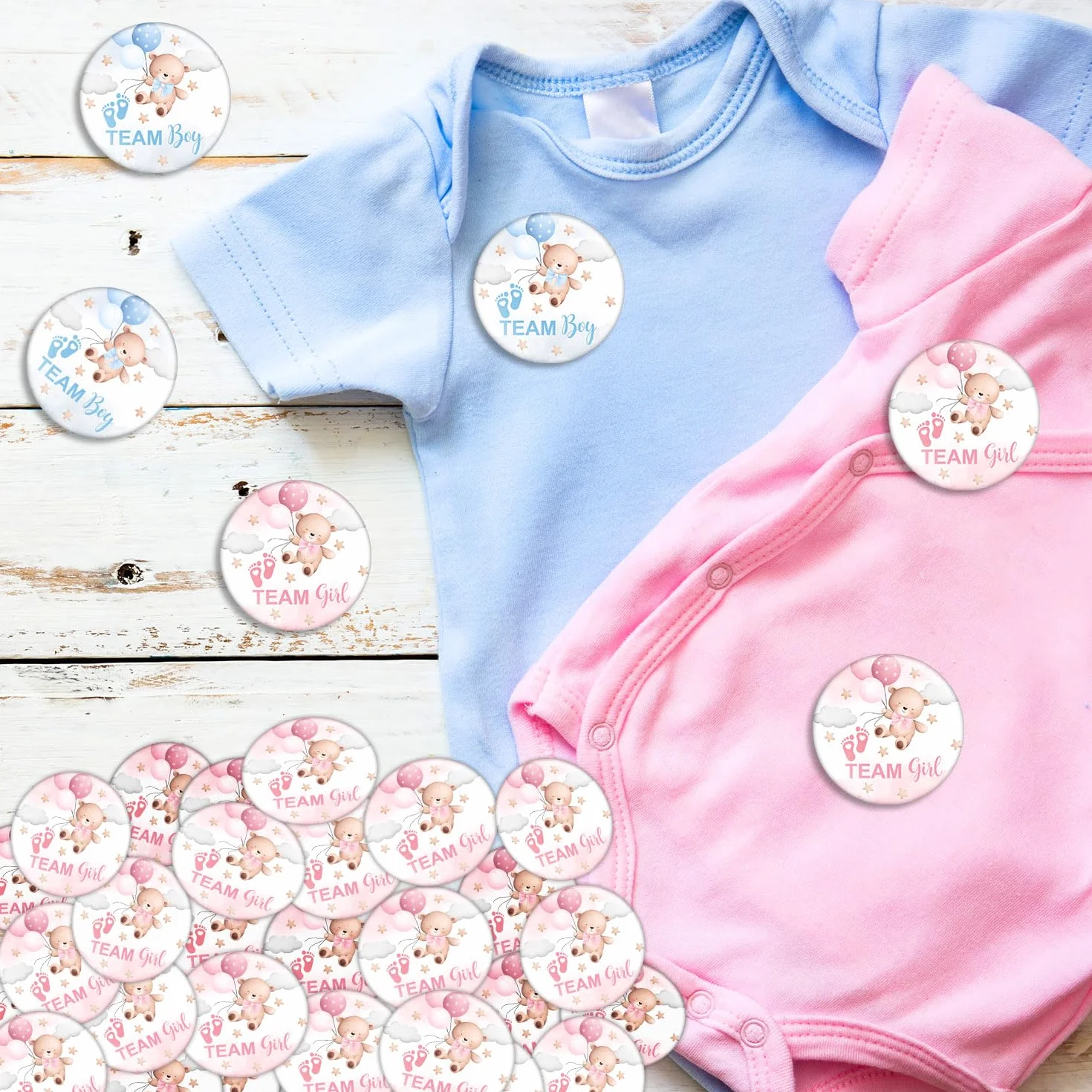 Przyciski ujawniające płeć na baby shower, przypinki drużynowe do ujawnienia płci, przypinki do gier dla gości, przypinki na imprezę dla dzieci, przypinki do gier imprezowych, 30 szt. 30 szt. 3,5 cala