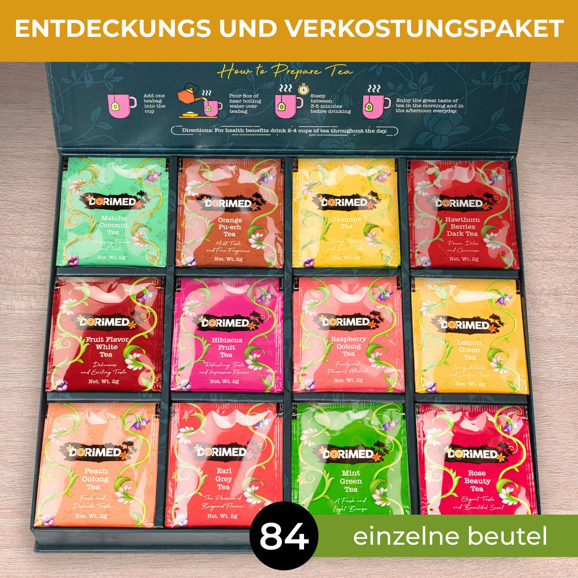 Zestaw 12 herbat i naparów Smakowe 84 saszetki Czarny Biały Zielony Matcha Earl Grey Oolong Pu-Erh Upominkowy Herbaty ziołowe