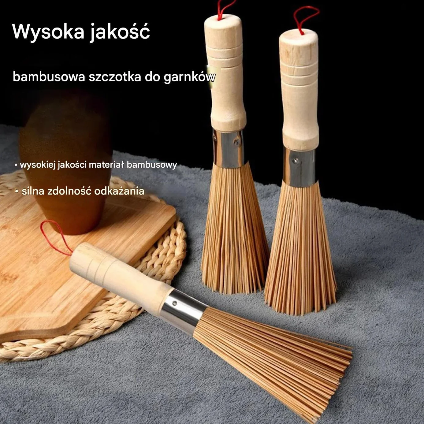 Wooden Kitchen Cleaning Brush for Wok, Non-Scratch Cast Iron Care Scrubber with Hangable Loop, 9.84 Inches