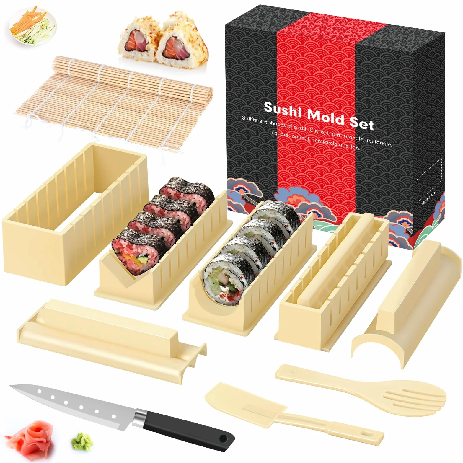Zestaw do Sushi 12 Elementów dla Początkujących z Foremkami Ryżem Nożem Matą Biały