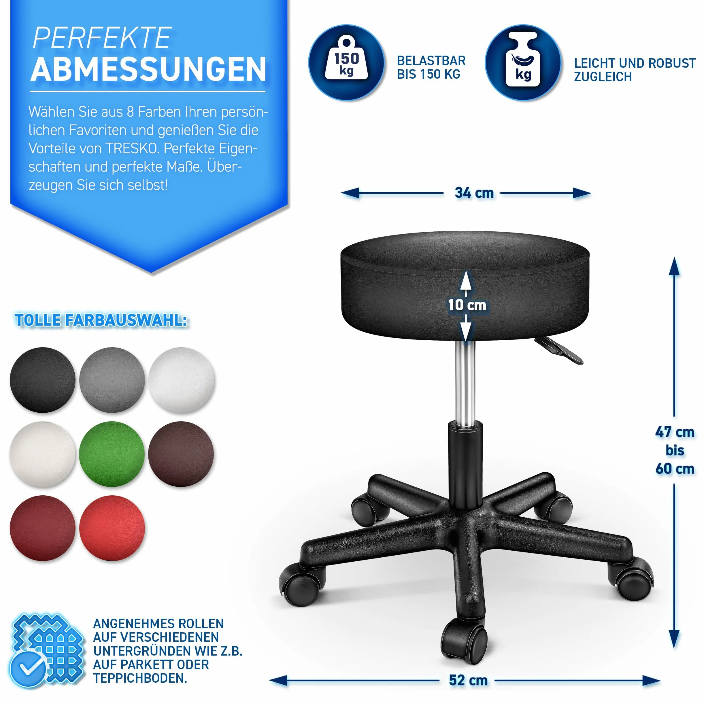 TRESKO® Krzesło obrotowe biurowe na kółkach, regulowana wysokość, obrót 360°, poduszka 10 cm, czarny