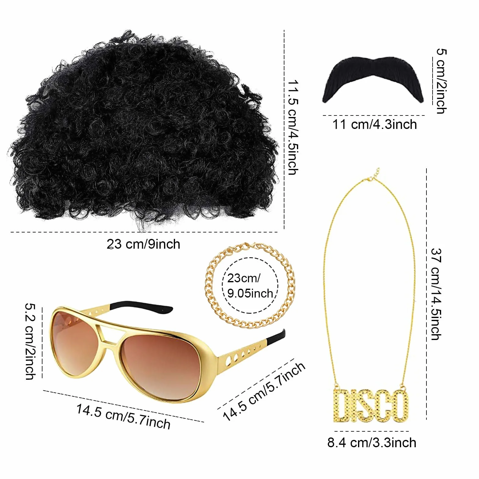VIKSAUN Zestaw kostiumowy hipisowski, męski zestaw akcesoriów do kostiumu, peruka afro, peruka hipisowska, wąsy dla mężczyzn w stylu lat 60-tych 70-tych 80., kostium hipisowski, dyskoteka, Cosplay,